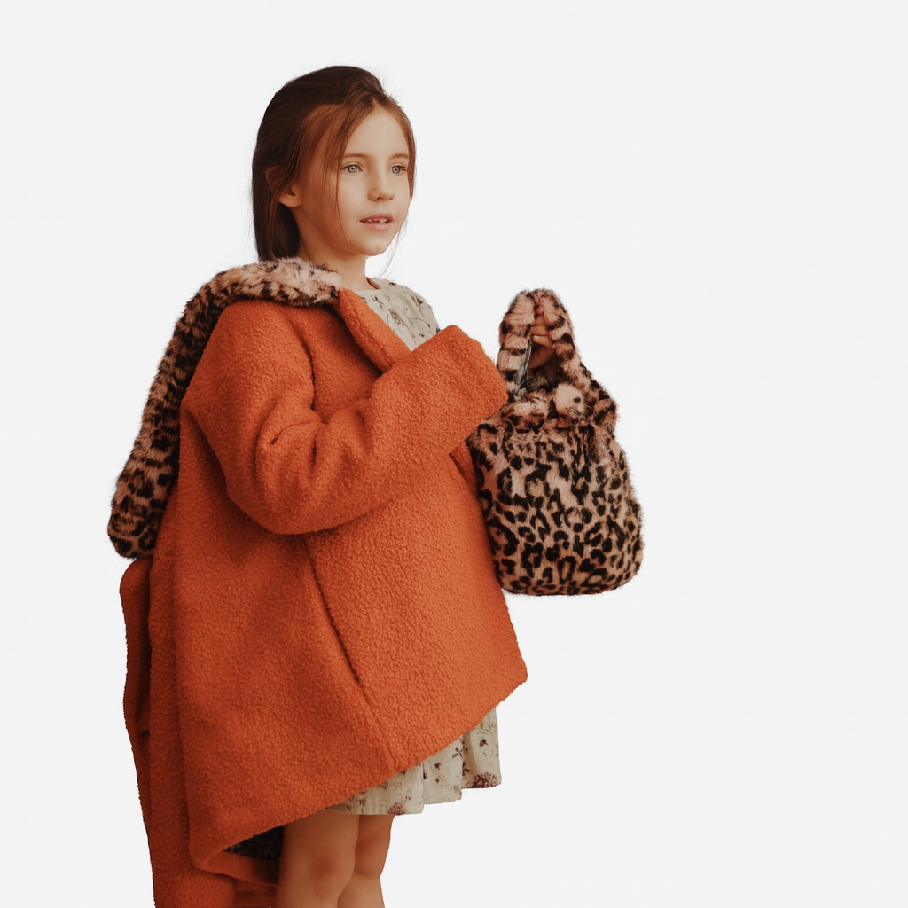 Abrigo de Vestir para Niña Naranja con Cuello Leopardo – Petit Alo | Abrigo ligero 100% poliéster con forro estampado · Tallas 4 a S mujer