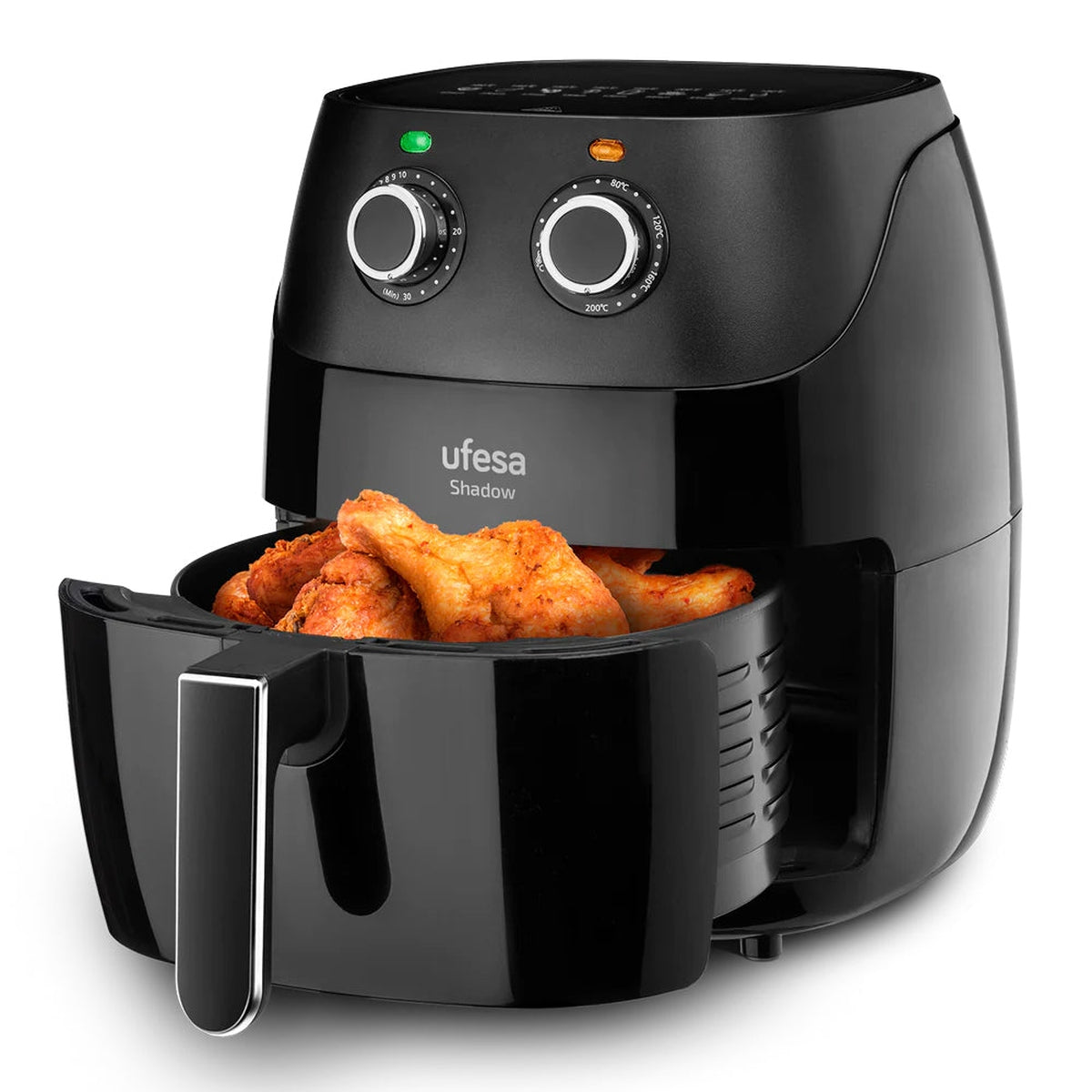 Ufesa - Freidora de aire Shadow 5L con tecnología 360º de circulación de aire a alta velocidad, ideal para familias de 4 personas, control manual de tiempo y temperatura hasta 200 °C, cubeta y bandeja antiadherentes, libre de BPA y PFOA