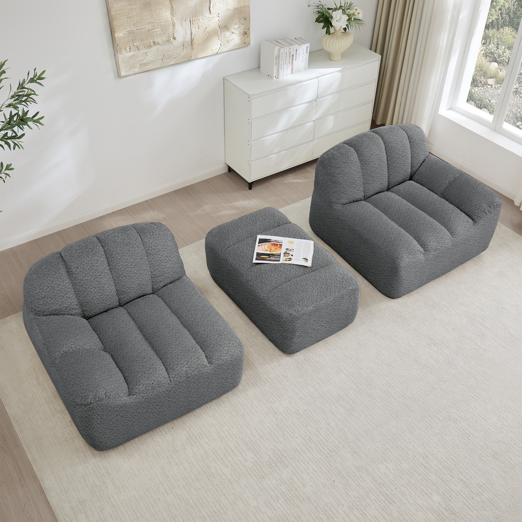 Canapé modulable en L 2 places gris sans structure avec ottoman et assise profonde