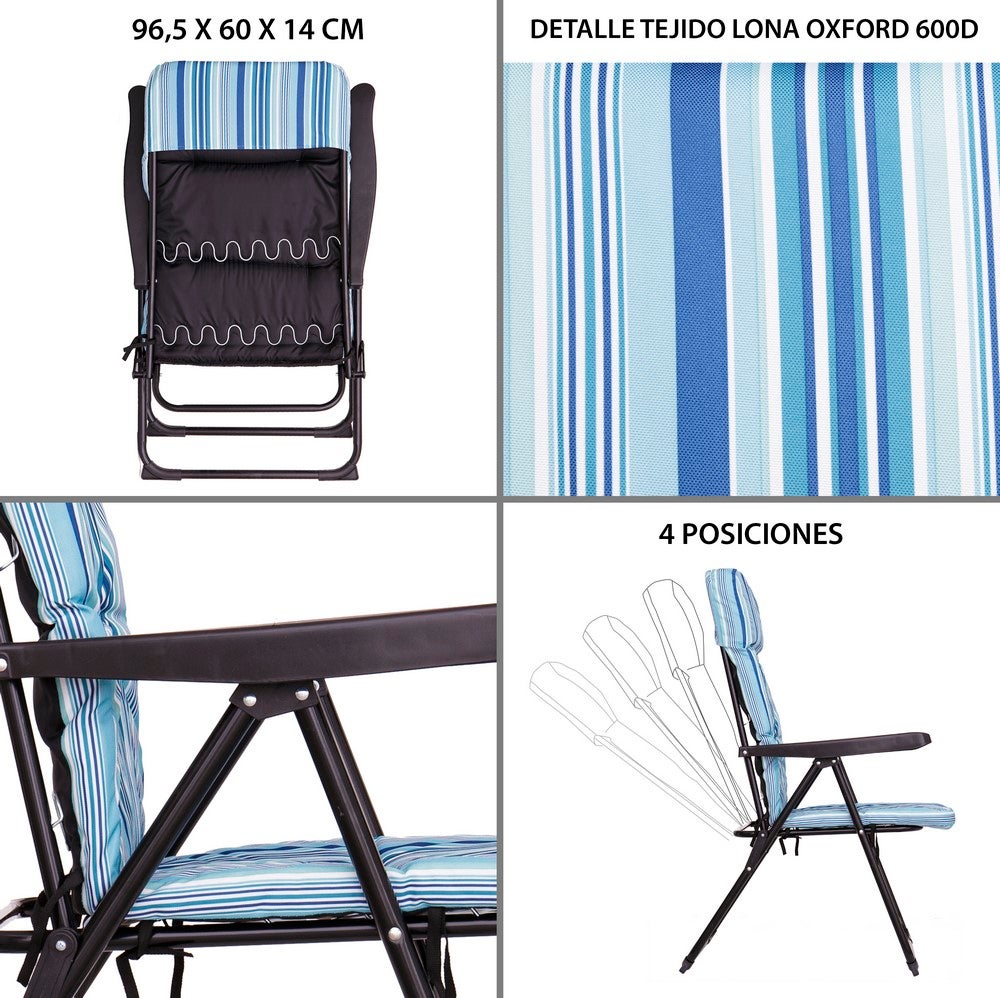 Lola Home Pack de 2 sillones de playa acolchados de 4 posiciones de acero y tela de lona Oxford de rayas multicolor de 61x58x106 cm