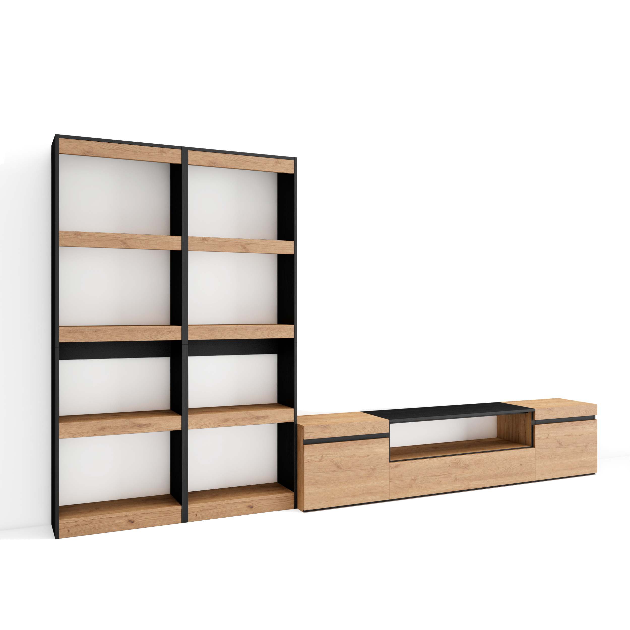Skraut Home - Conjunto de muebles de Salón - Estantería y organización - Mueble TV - Veteado de madera - Tacto poroso de alta calidad - Estilo Moderno - Medidas totales 320x35x186cm