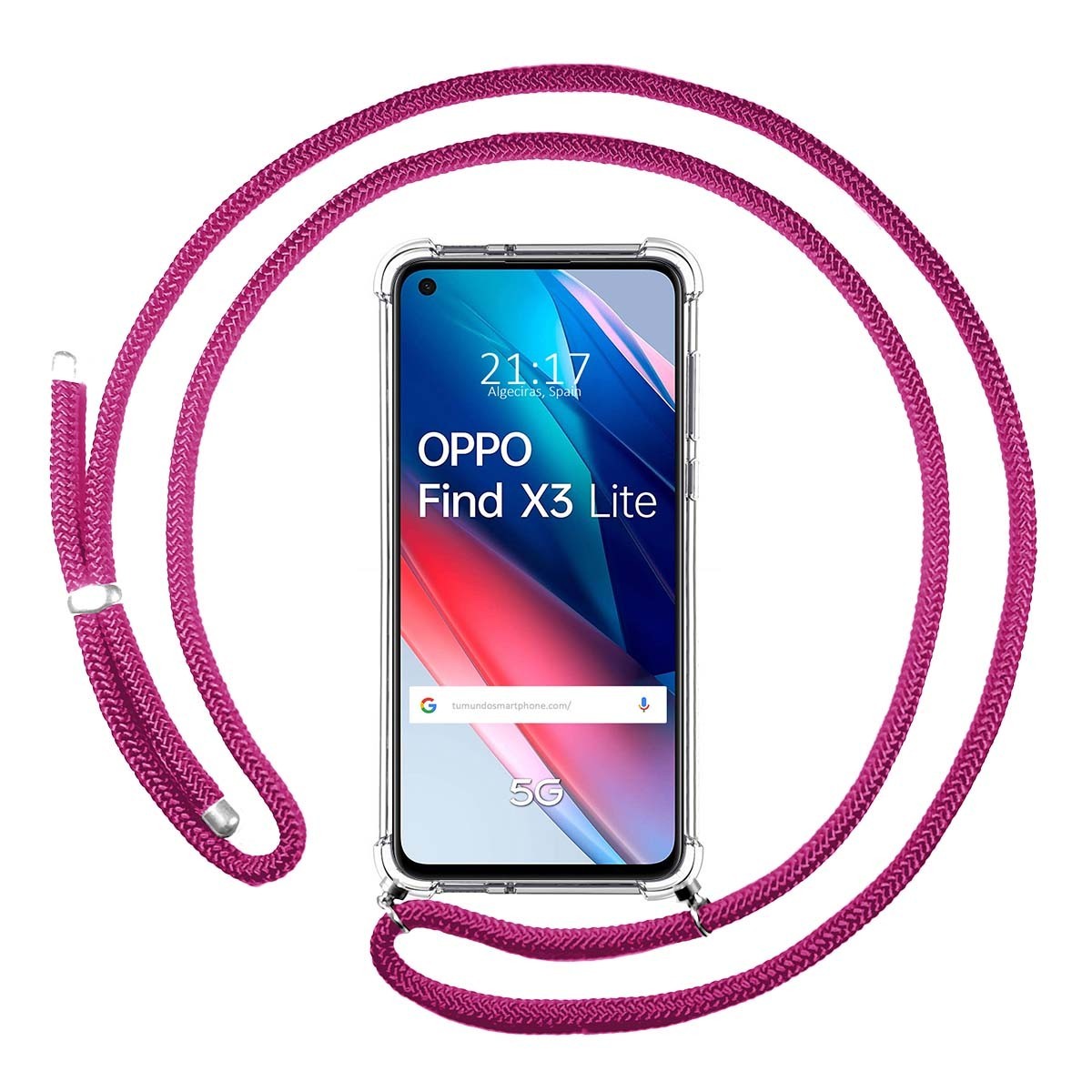 Tumundosmartphone Funda Colgante Transparente para Oppo Find X3 Lite 5G con Cordon Rosa Fucsia