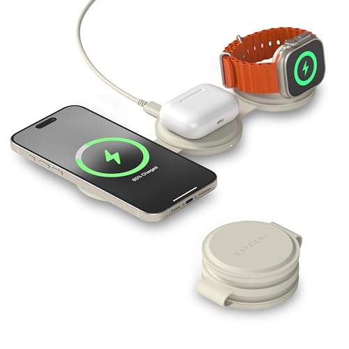SATECHI OntheGo™ Cargador Inalámbrico 3 en 1 Plegable, Estación de Carga Rápida Qi2 a 15W para Series iPhone 17 16 15 a 12, 5W para Apple Watch y AirPods, Cargador de Inducción para Viajes – Beige