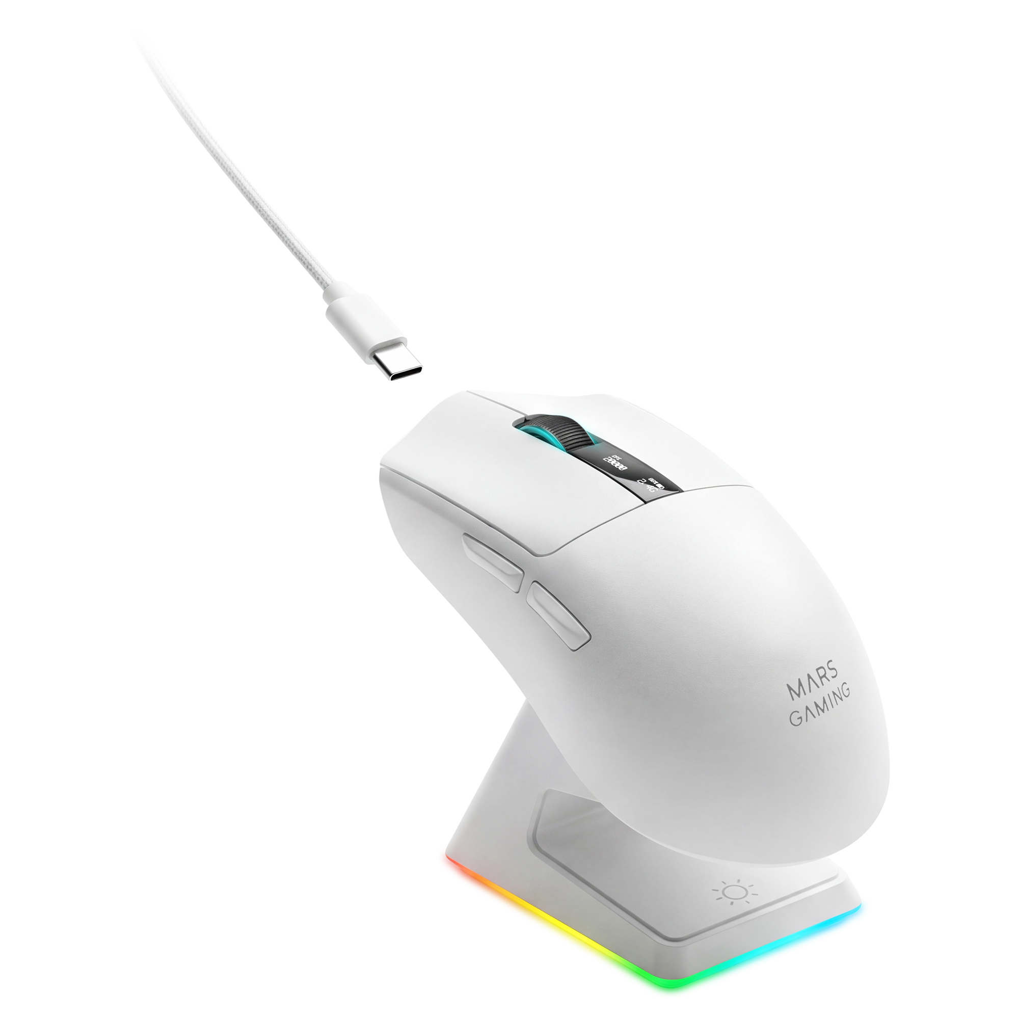 Mars Gaming MMW-ELITE, Ratón Inalámbrico Gaming, Bluetooth 5.4 + 2.4GPRO + Cable, Sensor Óptico PixArt PAW3311PRO 20000 DPI, Ultraligero 69g, 6 Botones, Pantalla OLED, Base Carga Magnética RGB, Negro o Blanco