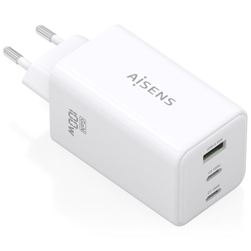 AISENS Cargador GaN 100W, 2x USB-C PD3.0 QC4.0 QC5.0, 1x USB-A QC3.0, Blanco