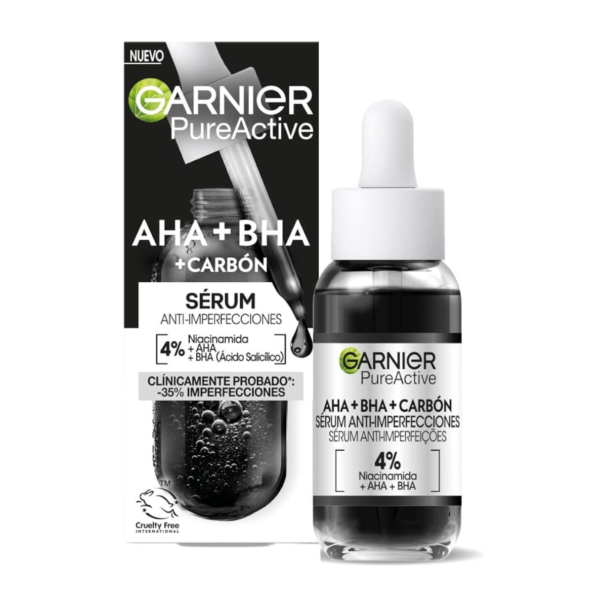 Garnier - GARNIER Pure Active sérumn facial anti-imperfecciones con AHA + BHA + carbón dosificador con 4% de Niacinamida, AHA y BHA Pure Active 30 ml