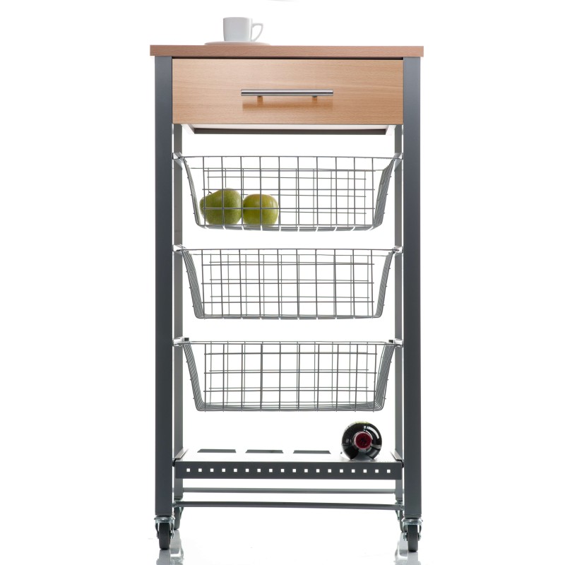 DON HIERRO - Carrito de cocina Diana con 3 cestas extraíbles, cajón y botellero – mueble auxiliar con ruedas en color inox y haya-