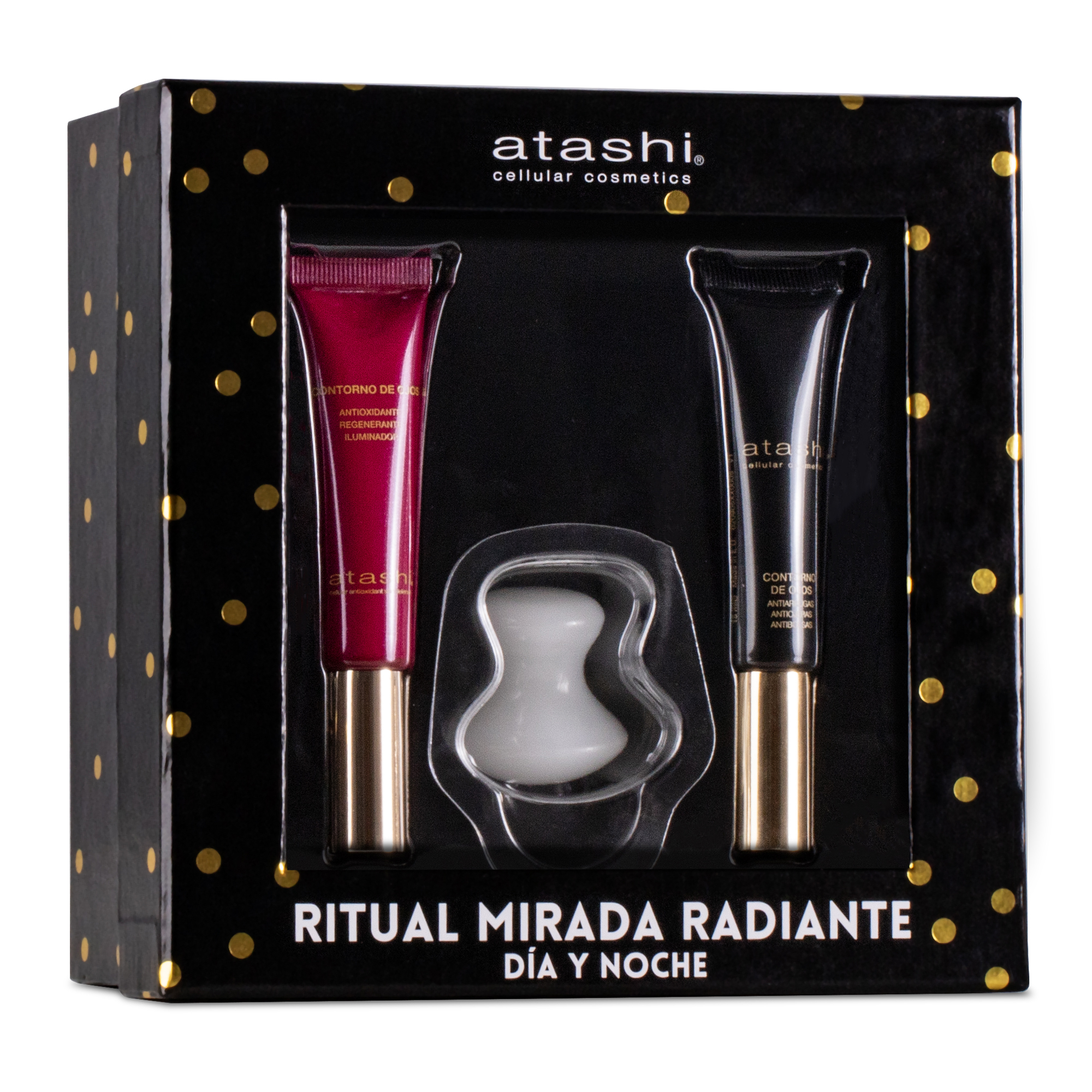 Atashi Cofre Ritual Mirada Radiante Día y Noche | Contorno de Ojos Antioxidante, 15 ml + Contorno de Ojos Antiedad, 15 ml + Jade Mushroom Eye