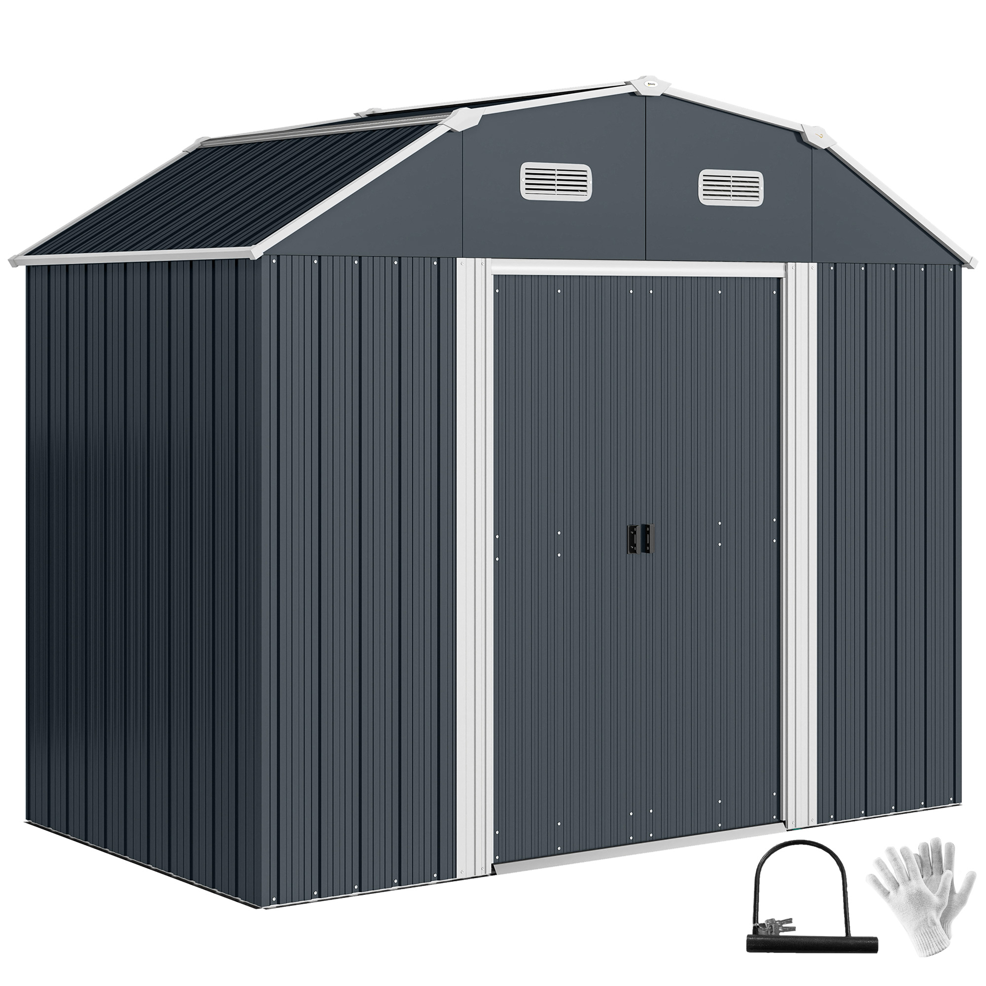 Outsunny Cobertizo de Jardín Exterior 2,7 m² 238x132x198,5 cm Caseta de Exterior Metálica con Cerradura Base Estantes Ajustables 2 Puertas Corredizas y 2 Ventanas Gris Oscuro