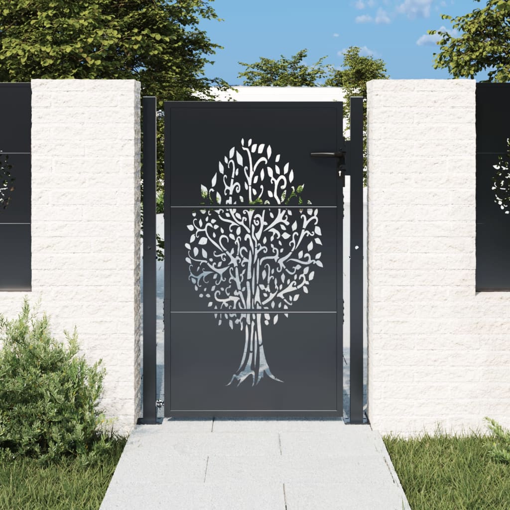 vidaXL Puerta de Jardín Verja con Cerradura Acero Gris Antracita Diseño Árbol Dimensiones 105 x 80 cm,  105 x 105 cm,  105 x 130 cm y mas