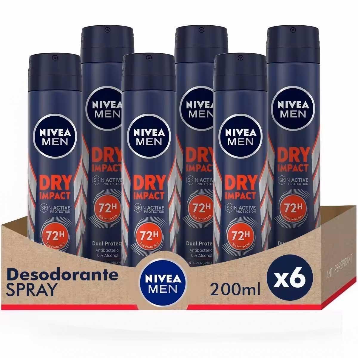 NIVEA MEN Pack ahorro - Dry Impact Spray Desodorante para hombre 200ml x 6 unidades