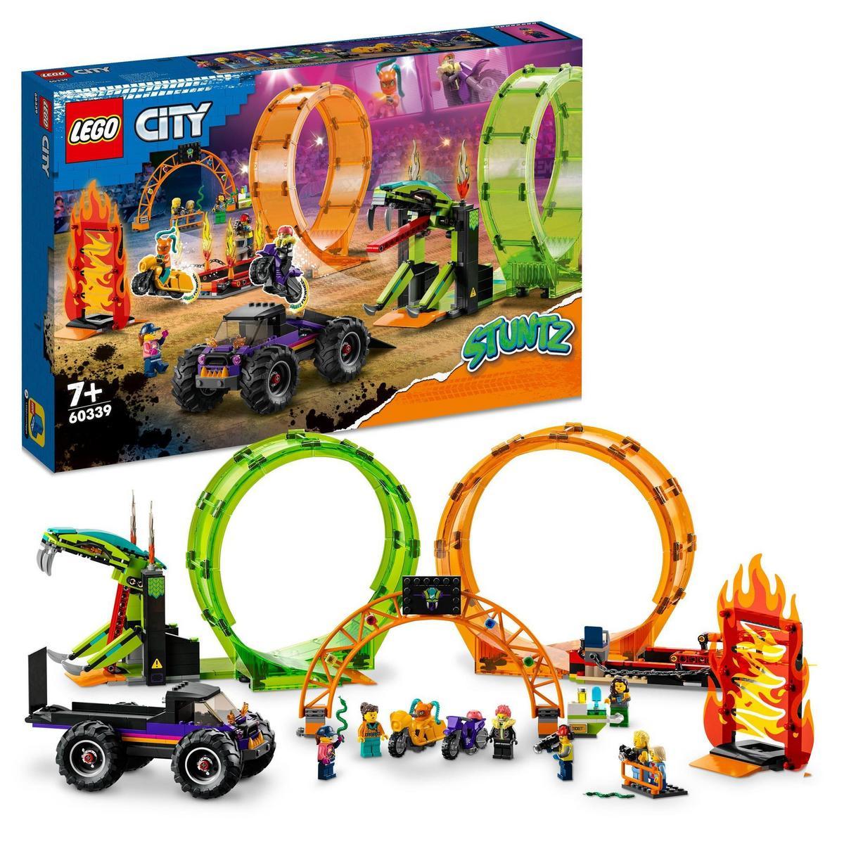 LEGO - Kit de construcción de juguetes para niños a partir de 7 años LEGO® City 60339 Pista Acrobática con Doble Rizo; incluye 2 motos acrobáticas con rueda de inercia (598 piezas)