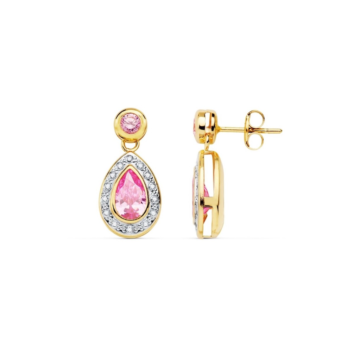 Pendientes oro bicolor 18k mujer forma lágrima piedras rosas borde circonitas cierre presión