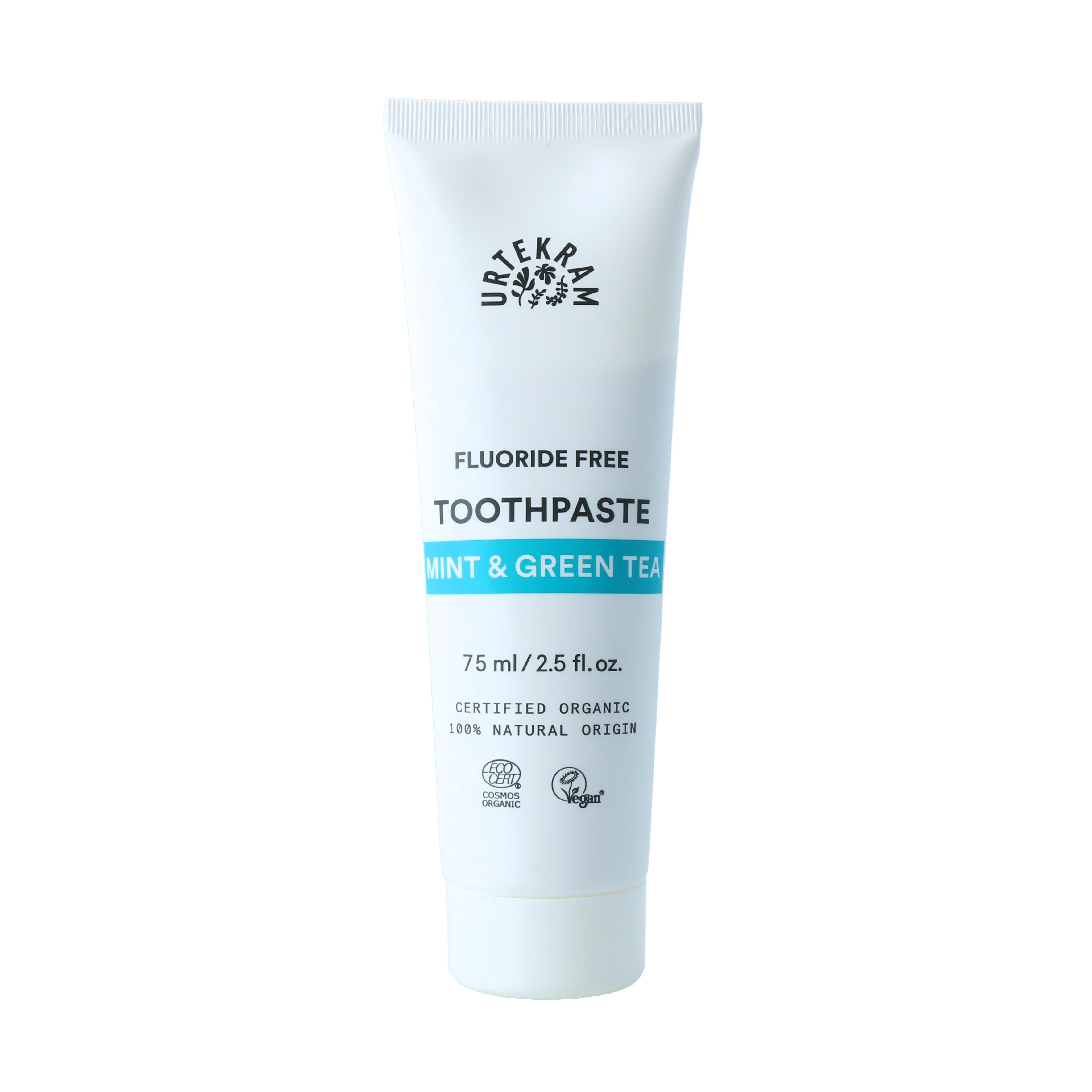 Pasta de dientes sin fluoruro de menta y té verde 75 ml Urtekram
