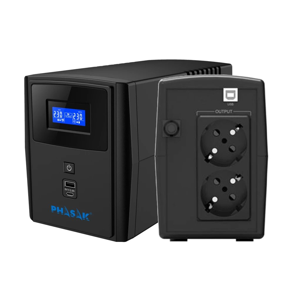 Phasak - SAI UPS interactivo PH 7308 de 800 VA y 480 W con AVR, forma de onda sinusoidal simulada y pantalla LCD para ordenadores y routers