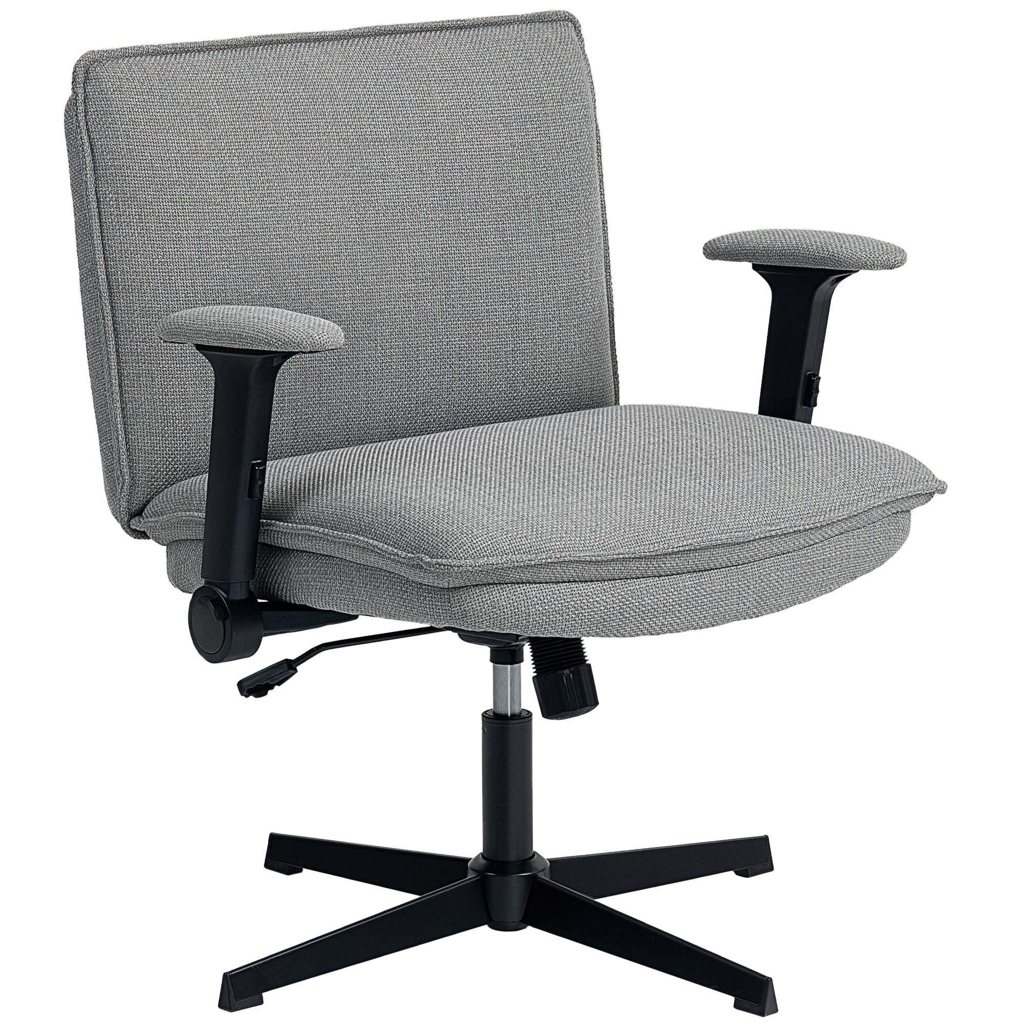 HOMCOM Silla de Oficina Piernas Cruzadas, Silla de Escritorio con Reposabrazos Abatible, Asiento Ancho, sin Ruedas, Altura Ajustable, Giratoria, Función Basculante, Tapizada en Lino