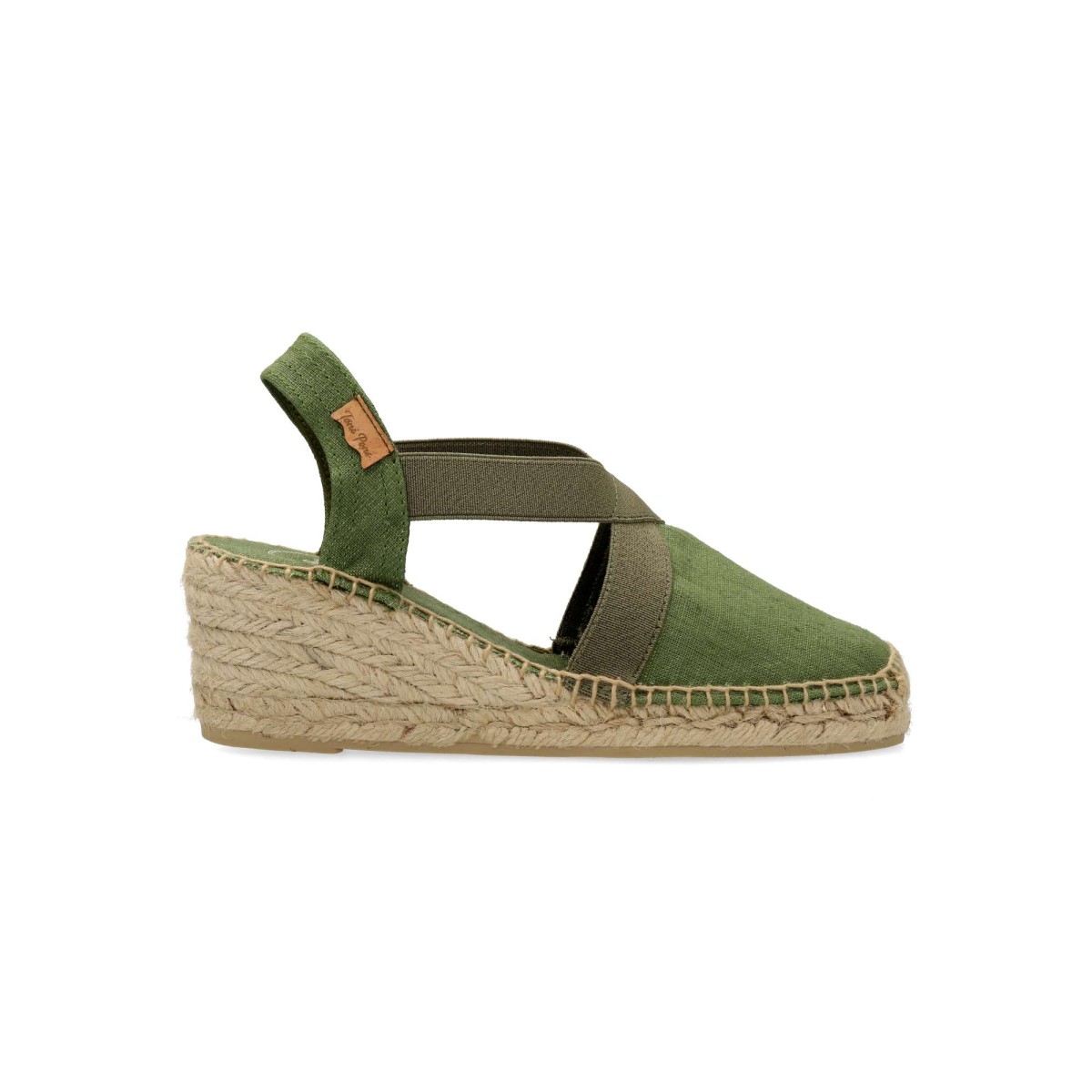 TONI PONS - Sandalias valencianas elásticas para mujer, cómodas de textil con suela de yute natural sobre goma, altura cuña 6,5 cm, color piedra, hechas en España
