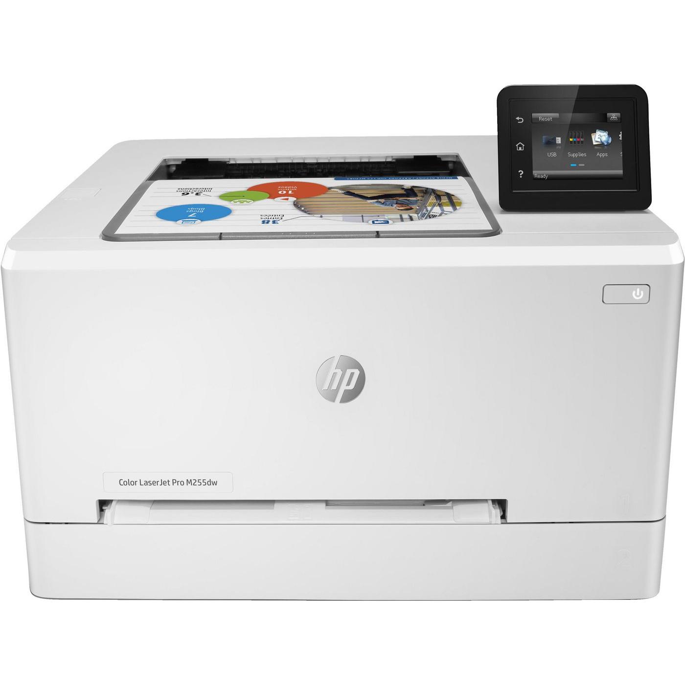 HP Color LaserJet Pro M255dw Laser Printer, A4, 4 color cartridges, 600 x 600 DPI resolution, duplex printing, max 40000 pages/month, network ready, white color.