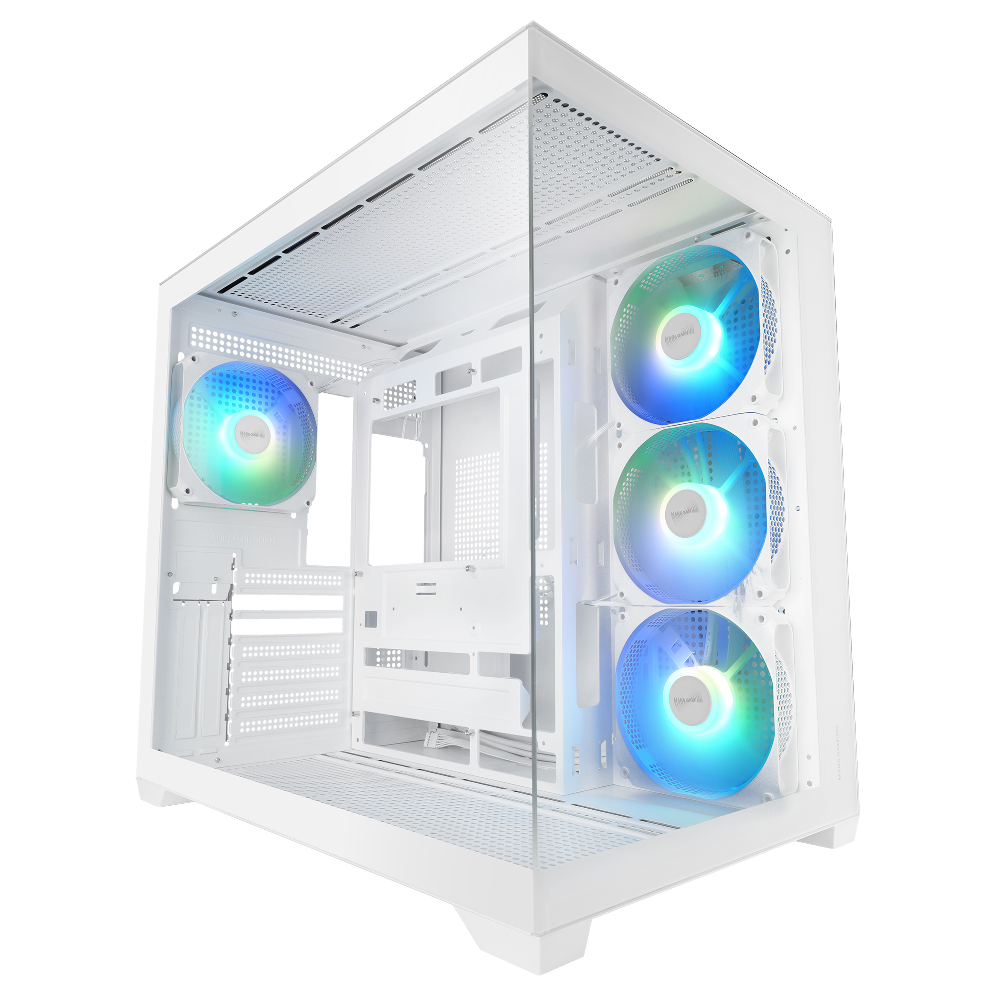 Mars Gaming MCV5, Caja PC ATX, Cristal Templado Panorámico, 4x Ventiladores ARGB 120mm, 7 Slots PCI Horizontales + 2 Slots PCI Verticales, Compatible con Placas Base de Conector Inverso, USB-C, Negro o Blanco