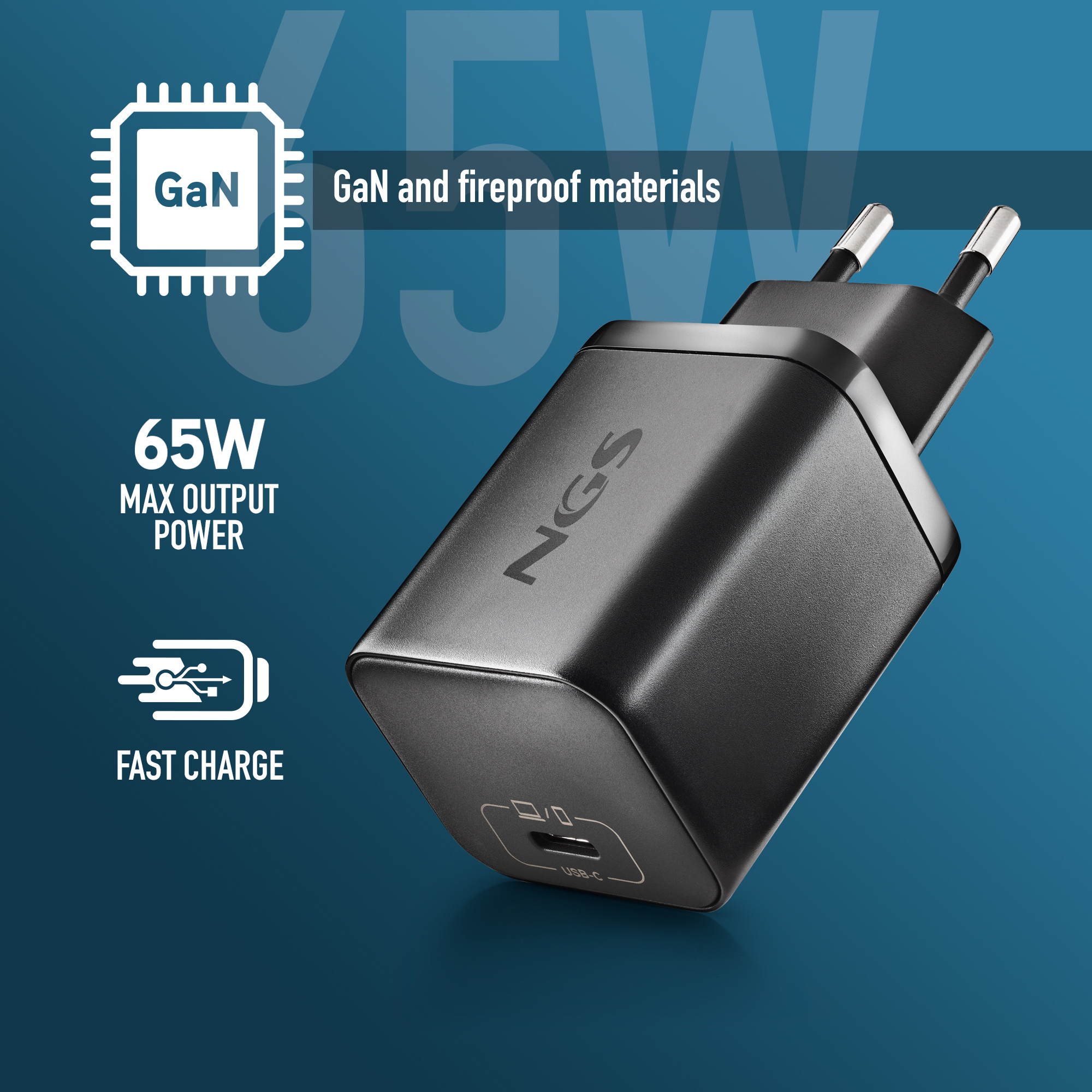 Cargador de Pared NGS 45W con Salida USB-C, Soporte PD/PPS, Tecnología GaN, Incluye Cable 1,5m, Ideal para Smartphones, Tablets y Portátiles - Negro