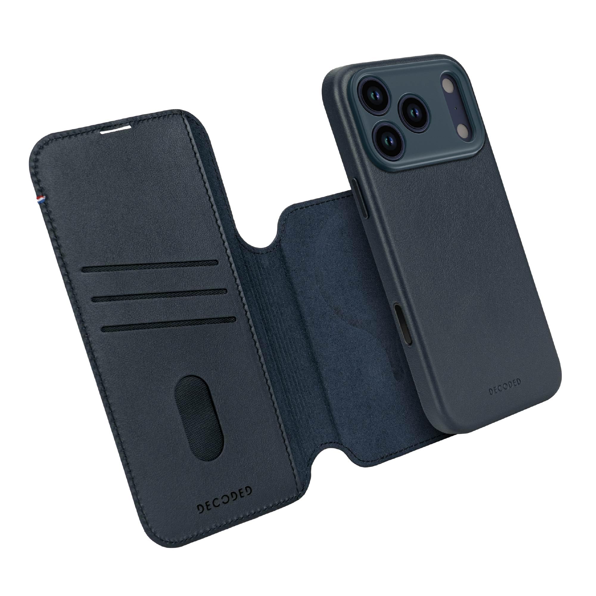 DECODED Funda 2-en-1 de Cuero para iPhone 17 Air, Cartera Desmontable, Cuero Ecco Premium, Compatible con MagSafe, Protección contra Caídas, Resistente a los Arañazos, Botones Metálicos, Azul