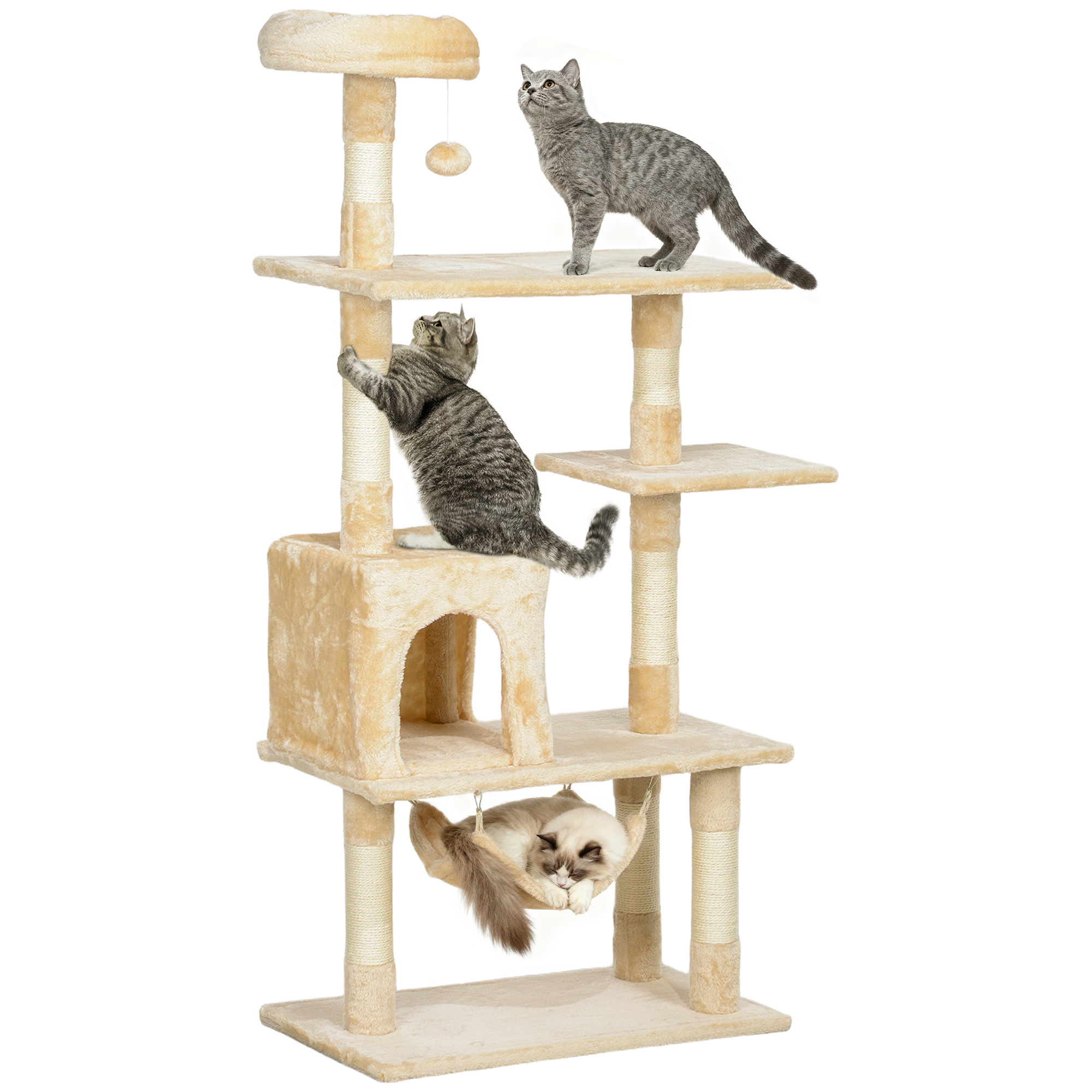 PawHut Árbol Rascador para Gatos Grande 70x40x152 cm Torre para Gatos con Múltiples Plataformas Juguete Colgante Cueva Espaciosa Hamaca Suave Postes para Gatos Dormir y Jugar Beige