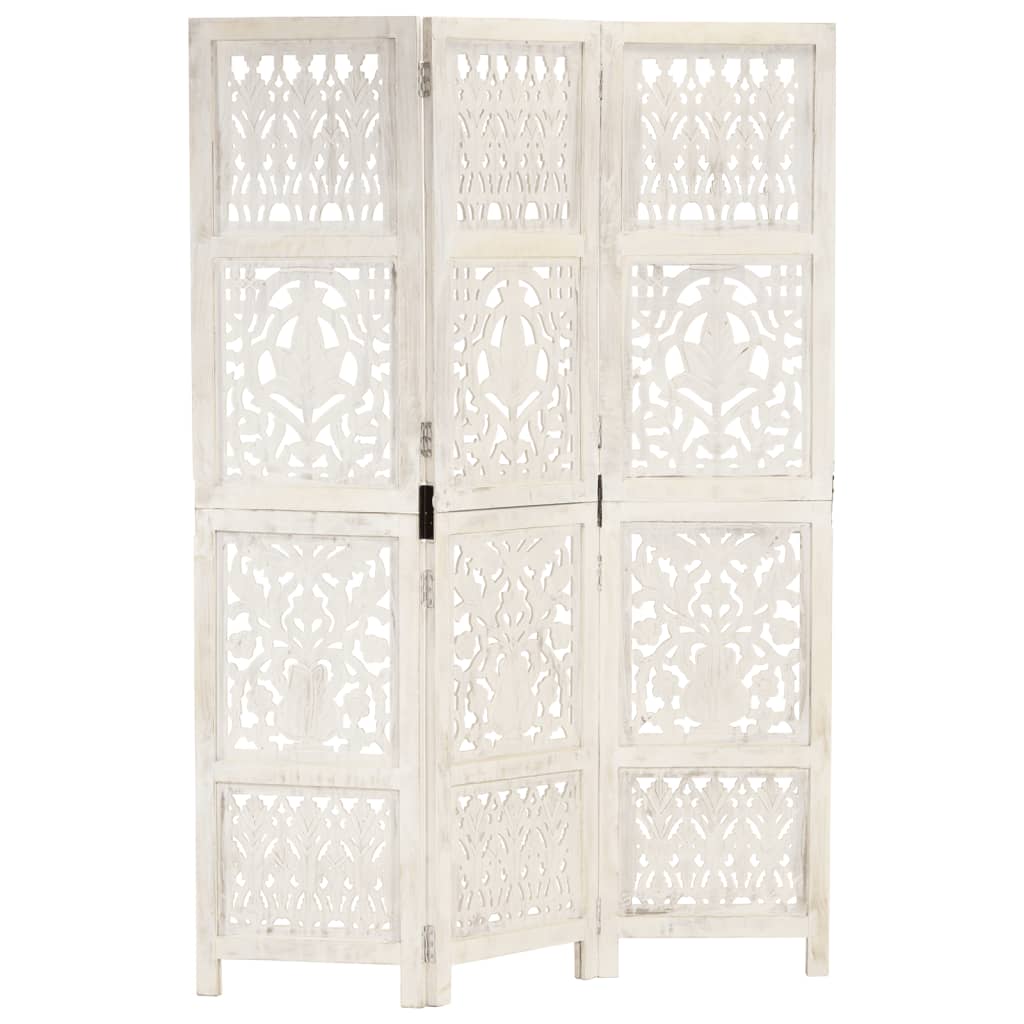 vidaXL Biombo 3 paneles tallado a mano madera mango 120x165 cm en color Marrón/Blanco/Gris