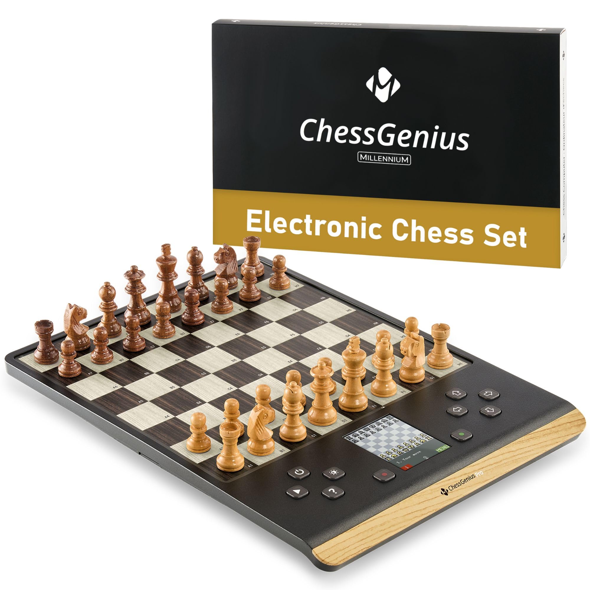 Millennium Ordenador de ajedrez ChessGenius Pro Wood Edition - Elegante Aspecto de Madera con Piezas de Madera auténtica, Ideal para Jugadores Aficionados con Funciones de Aprendizaje de IA