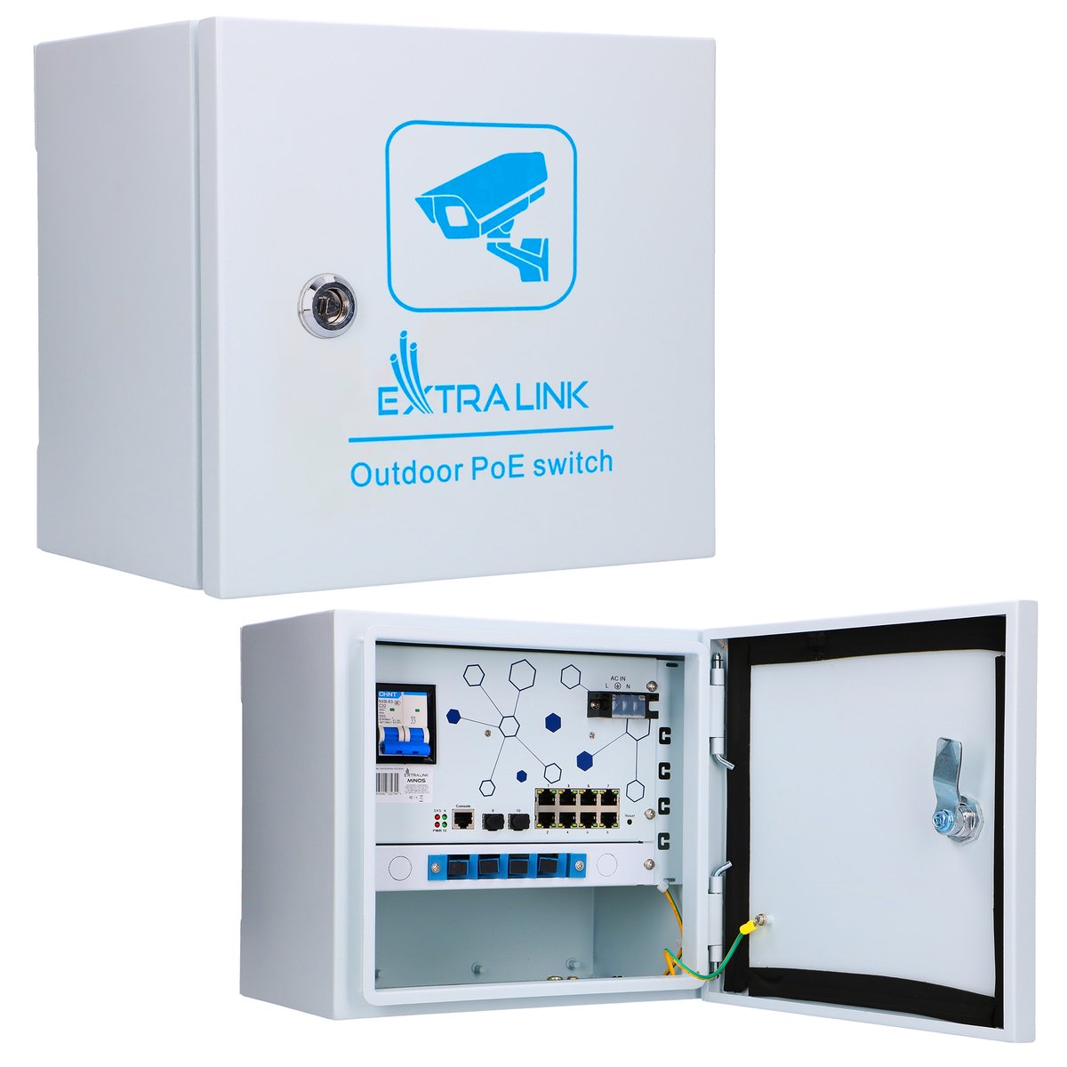 Extralink minos  interruptor poe para exterior  8x rj45 1000mbps poe, 2x sfp, 200w, l2, enfriamiento activo