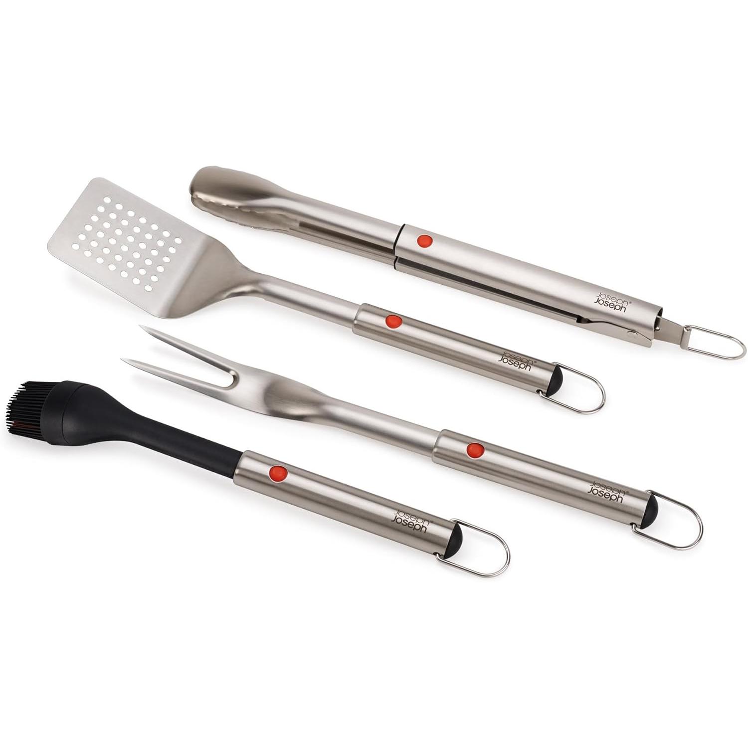 GrillOut™ Joseph Joseph, set 4 piezas BBQ con estuche, espátula, pinzas, tenedor y pincel, acero inoxidable.