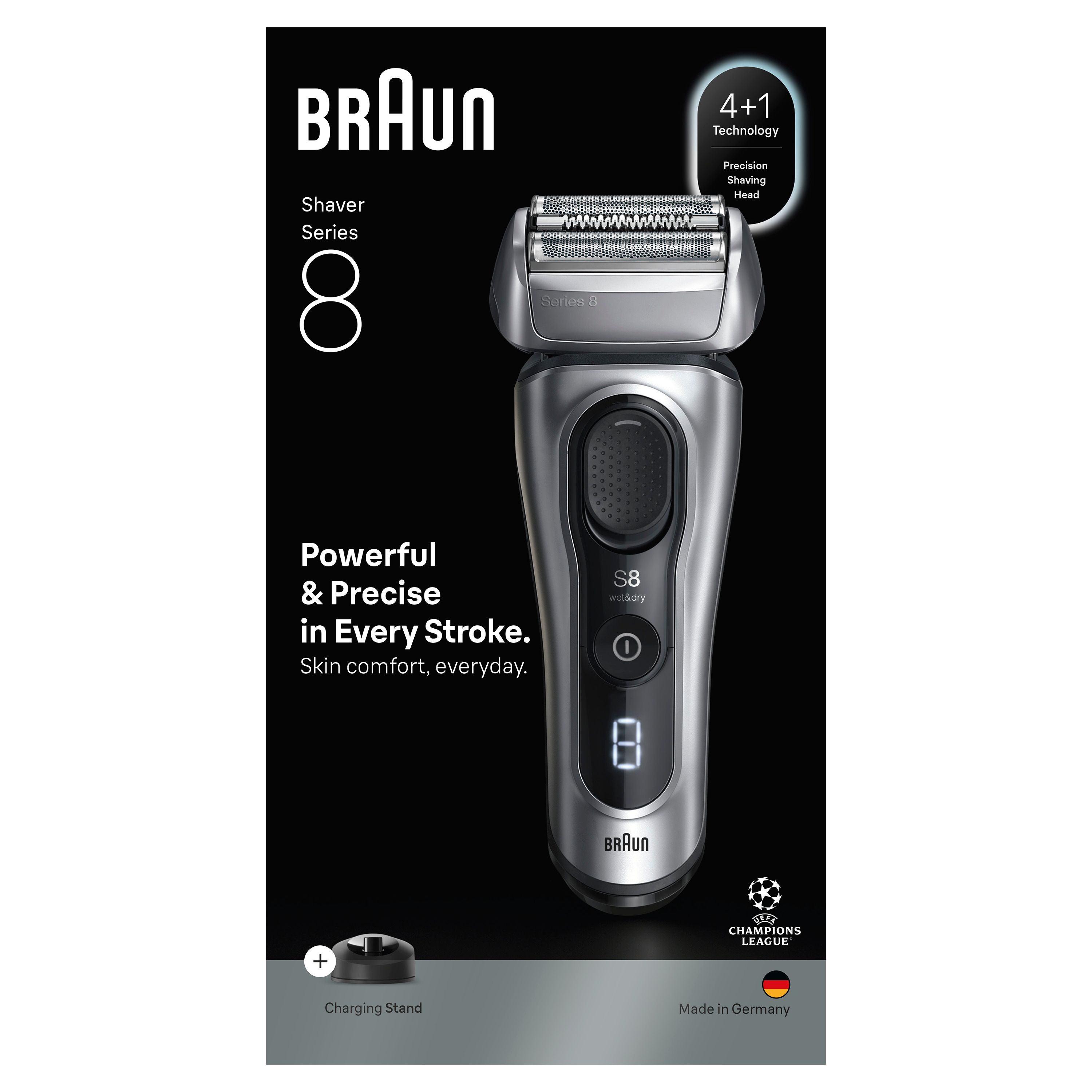 Braun Afeitadora Eléctrica Hombre Series 8, Máquina de Afeitar Barba en Seco y en Mojado con Cabezal de Precisión y Recortadora, 60 Min de Uso, Base de Carga y Estuche de Viaje, color Plata