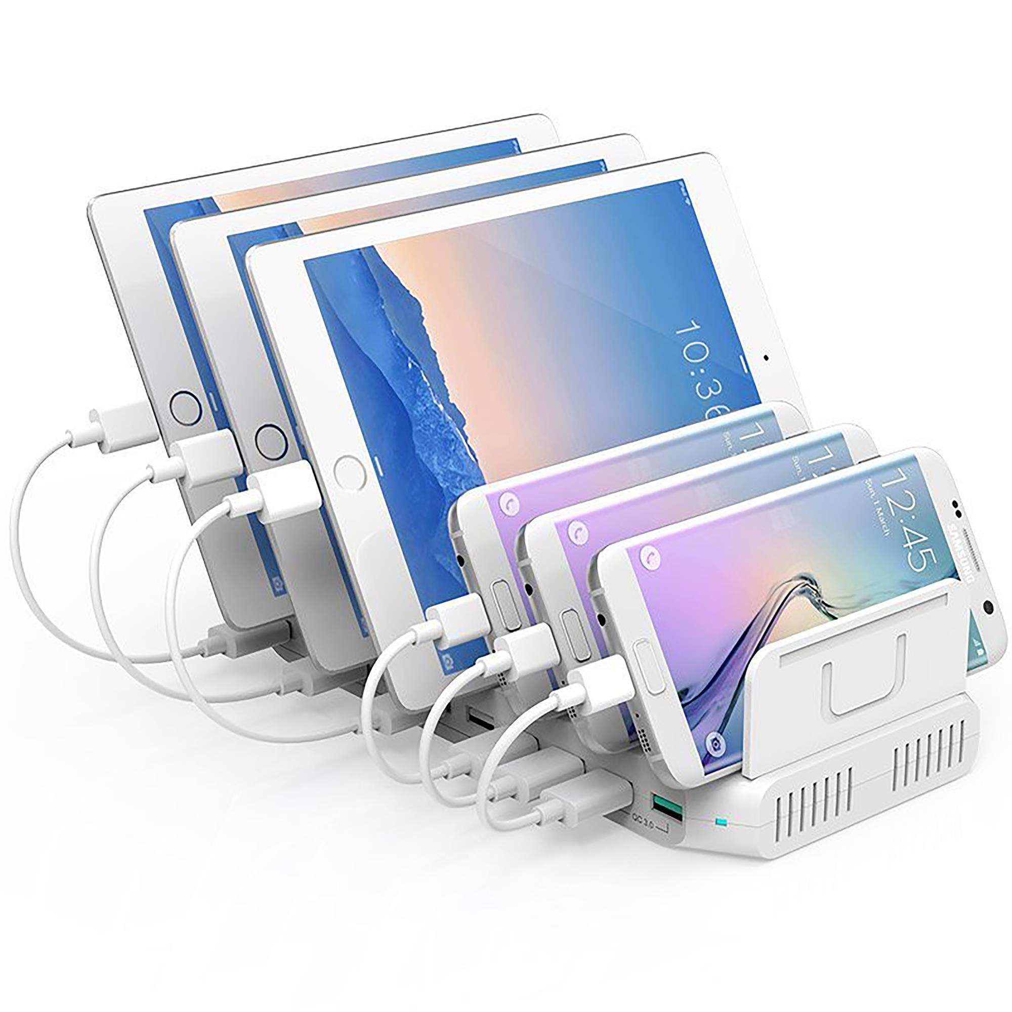 UNITEK 10 USB Ports Charger with Docking Station/Organizer for Smartphone, Tablet, 2 Ports QC 3.0 96 W, Universal, Y-2190A, White, 96 W with 8 USB Ports + 2 Qc 3.0 Ports