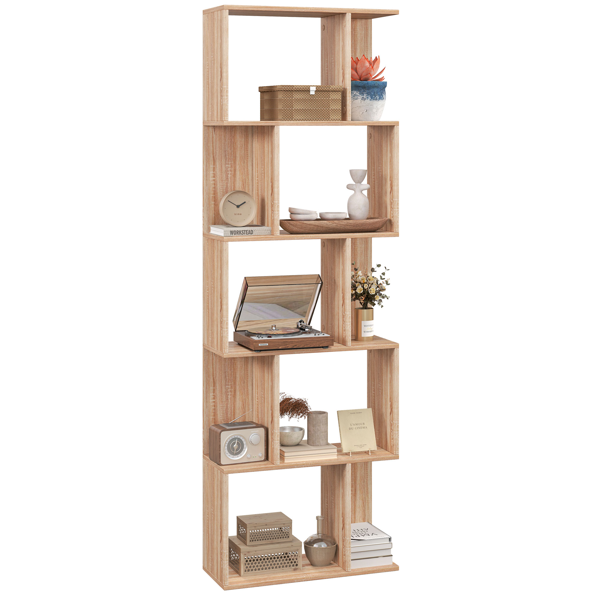 HOMCOM Librería de 5 Niveles, Biblioteca, Estantería para Libros en Forma de S, para Salón, Dormitorio, Estudio, Oficina, 24x60x184,5 cm, Natural