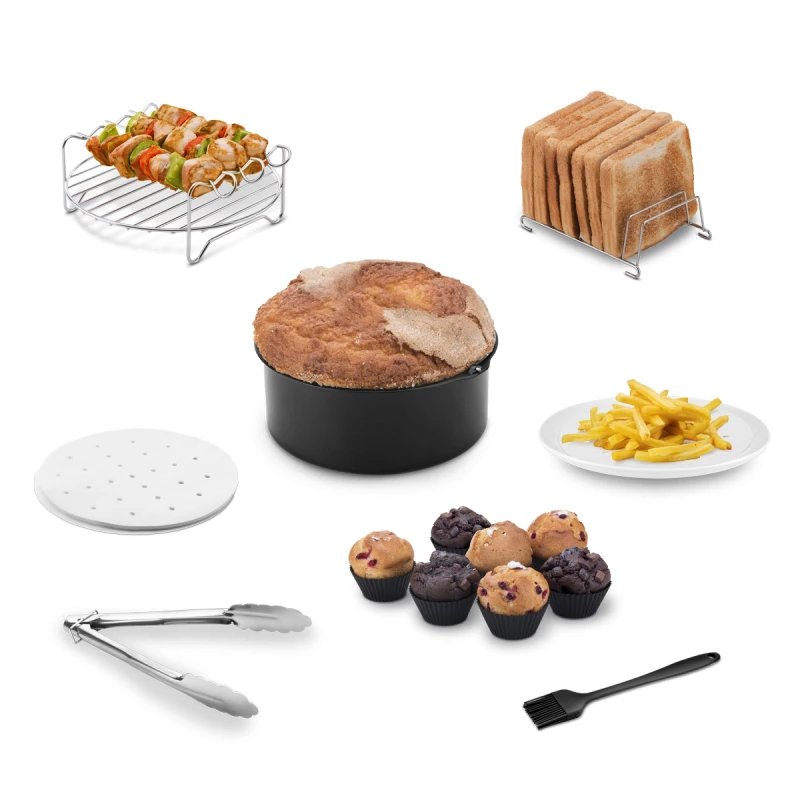 UFESA - Utensilios de cocina para freidora de aire Variado Plástico y Acero Inoxidable Pack 7 accesorios: molde pastel, parrilla con brochetas, estante tostadas, moldes cupcakes, papeles aceite, cepillo silicona y abrazaderas