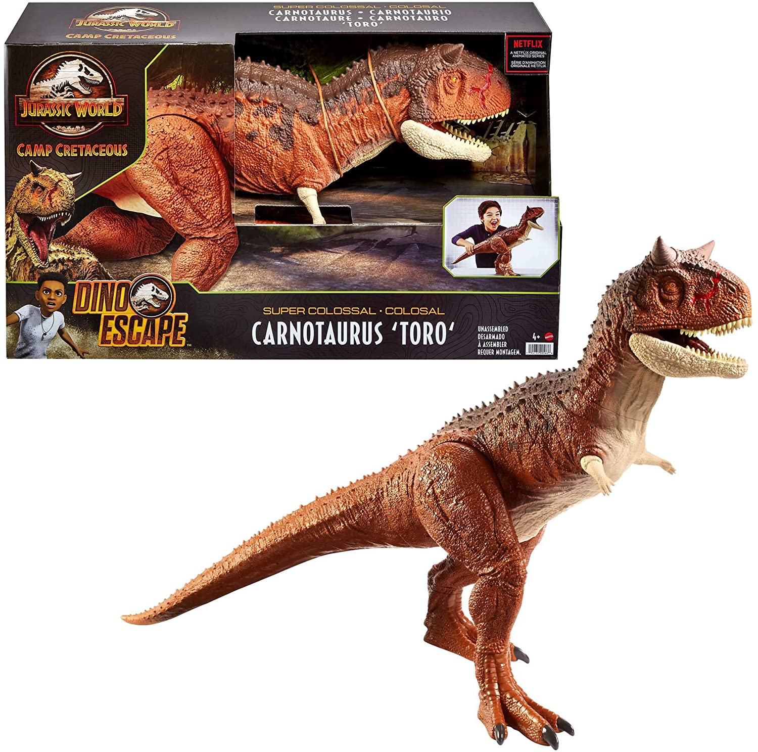 Mattel - Jurassic World Carnotaurus Super Colosal Dinosaurio articulado 60cm, figura de juguete para niños (Mattel HBY86)
