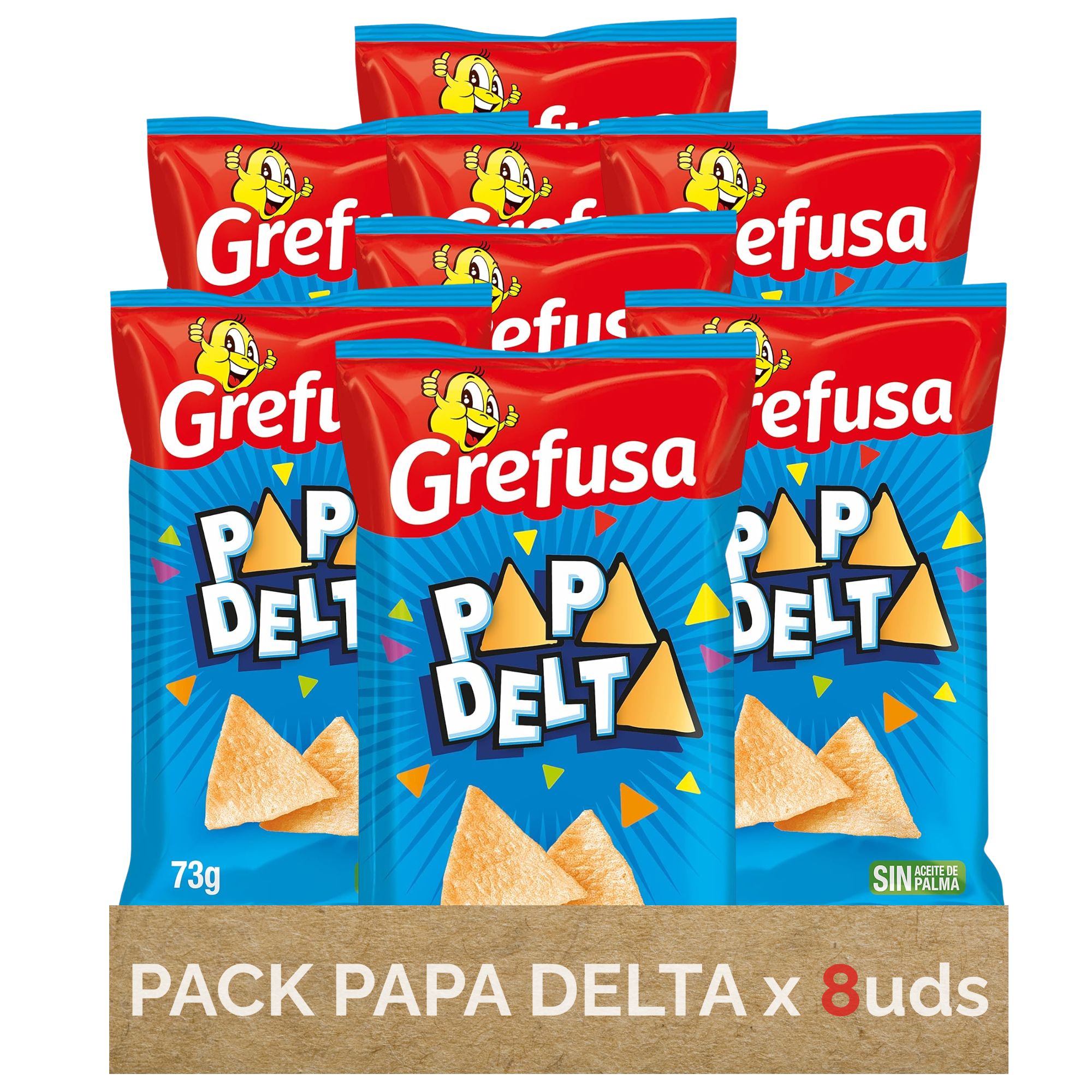 Grefusa  Pack PapaDelta Snack Sabor Jamón – Pack de 8 Bolsas Individuales de Patatas Triangulares – Aperitivo Crujiente – Ideal para Picar – Bolsa 73g x 8