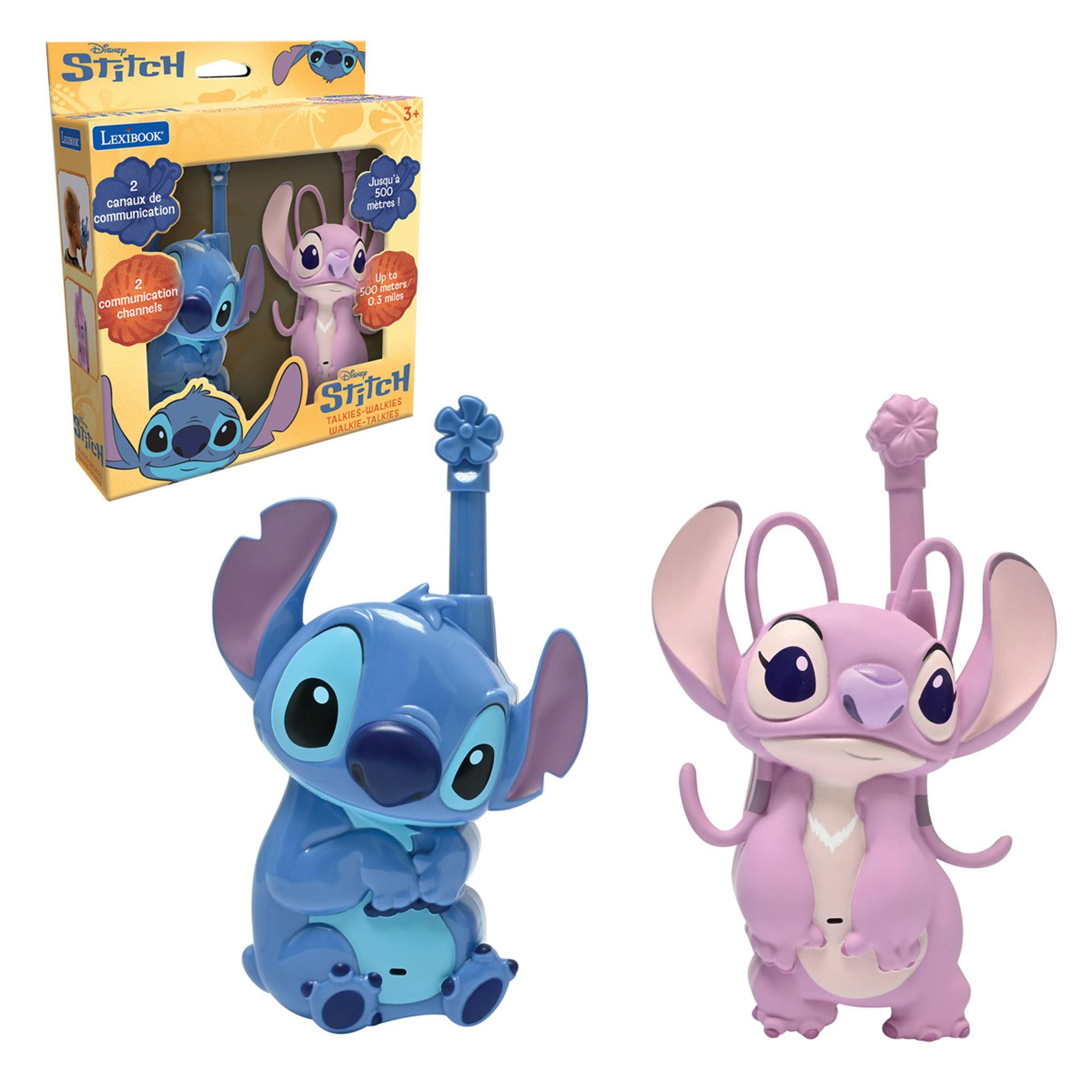 LEXIBOOK | Walkie Talkie 3D Stitch y Angel con Rango de 200 m - Juego de Comunicación con 2 canales, Clip para Cinturón y Funciona con Pilas