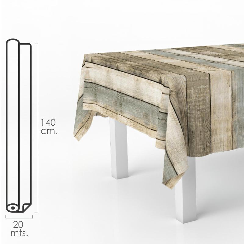 Mantel hule rectangular tablones madera. impermeable antimanchas pvc 140 cm. x 20 metros. rollo recortable. interior y exterior