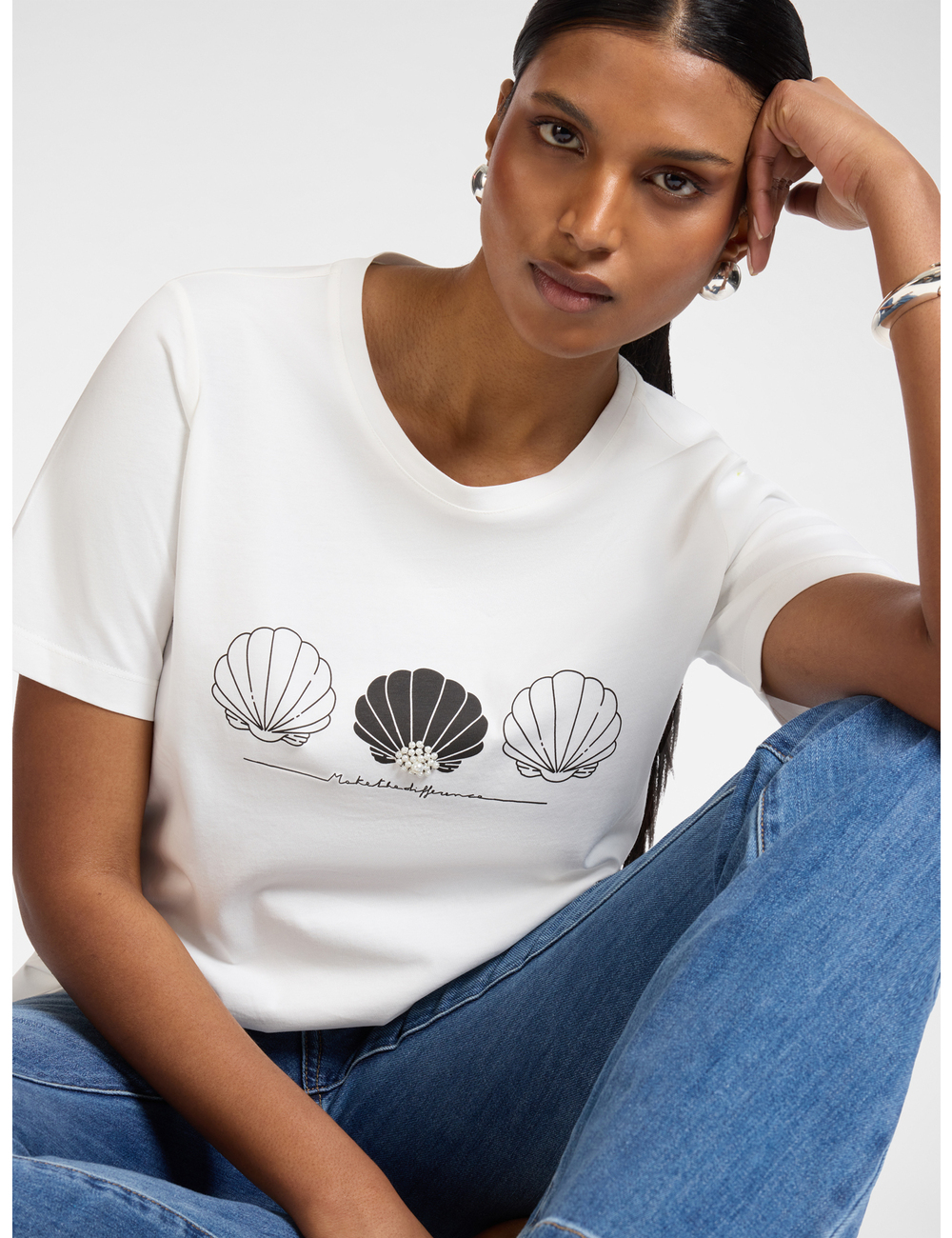 Elena Mirò - Camiseta de algodón estampada con perlas