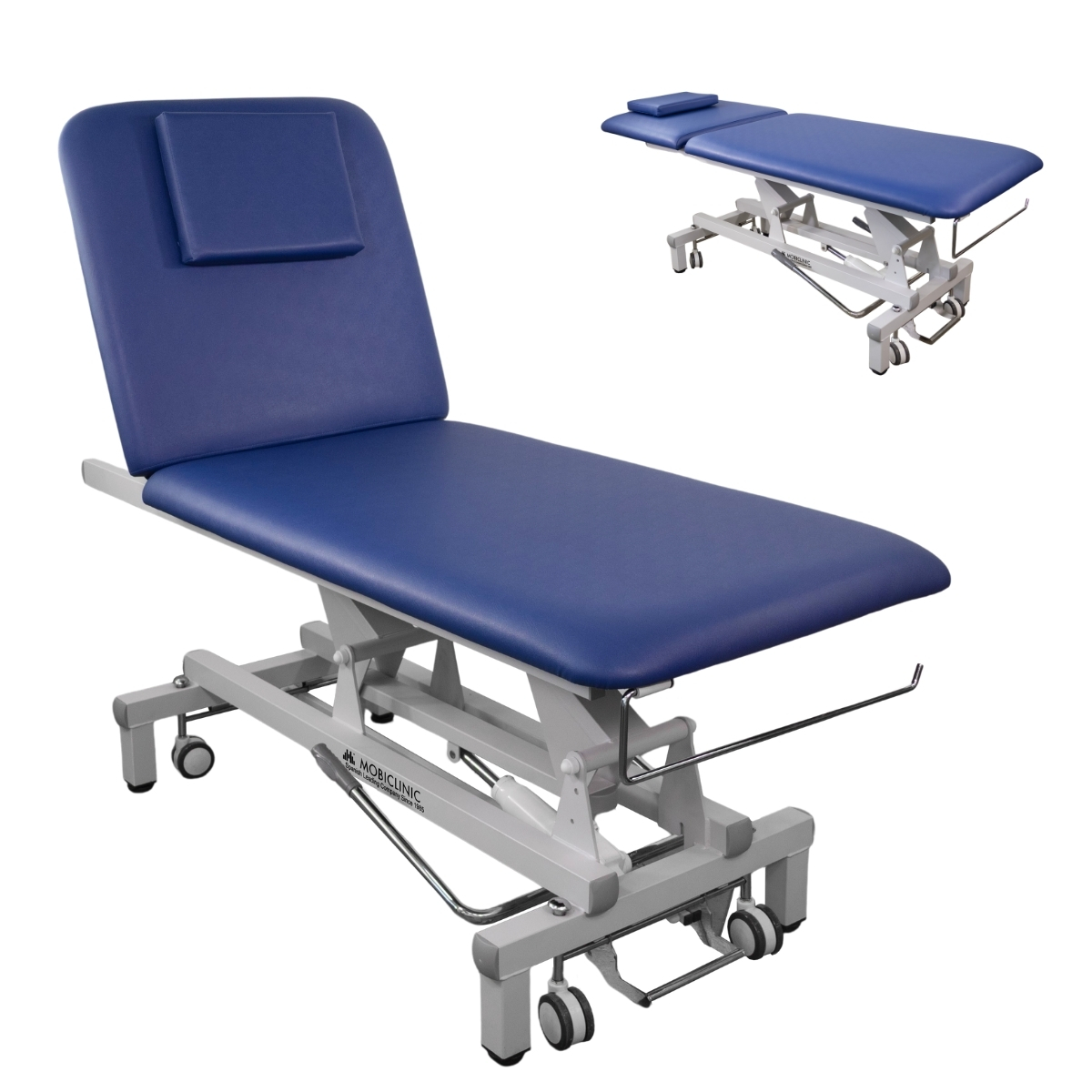 Camilla hidraulica dos cuerpos 194x70cm c/rueda y portarrollo Max 180 kg Reclinable hasta 70 grados Azul