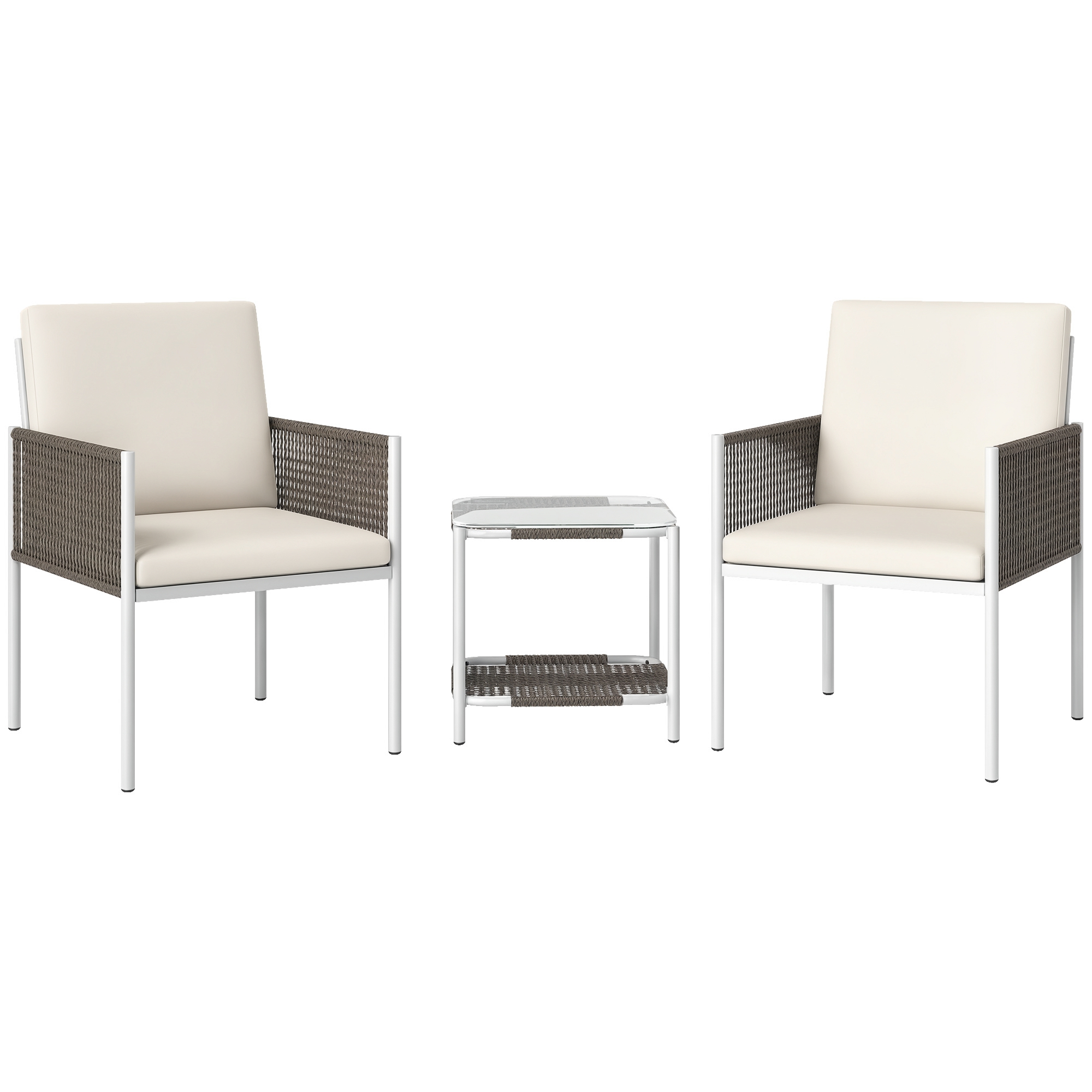 Outsunny Conjunto de Jardín Exterior de 3 Piezas Juego de 2 Sillas y Mesa de Ratán con Cojines Acolchados y Encimera de Vidrio para Balcón Terraza Marrón y Crema