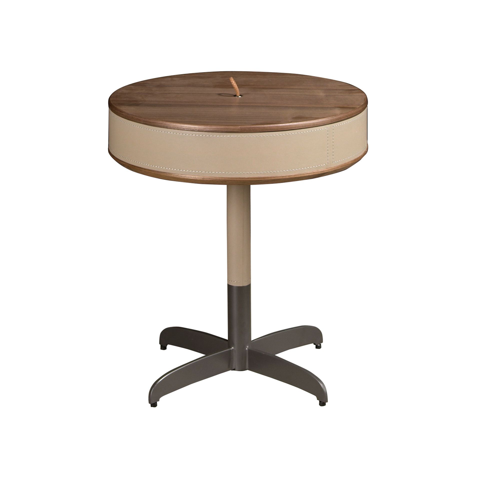 Angel Cerdá - Mesa de Rincón Redonda con Tapa de Madera Chapada en Nogal Natural, Base de Acero Lacado Gris y Detalle Tapizado en Piel Visón - Diseño Moderno y Funcional - 46 x 50 cm