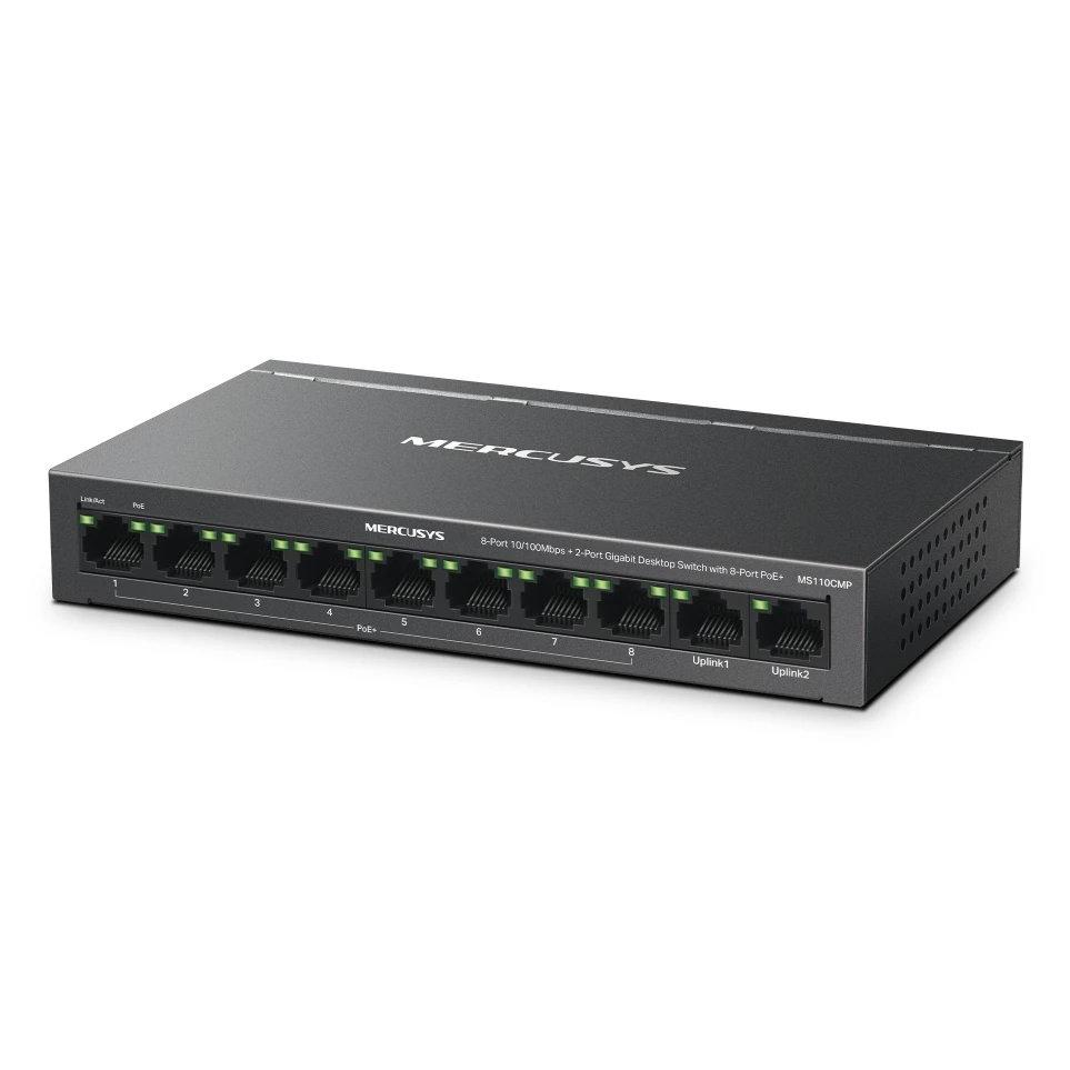 HUB Switch puertos 10 Mercusys MS110CMP | Fast Ethernet (10/100), MDI/MDIX automático, Jumbo Frame 2 KB, tabla MAC 2K, Negro