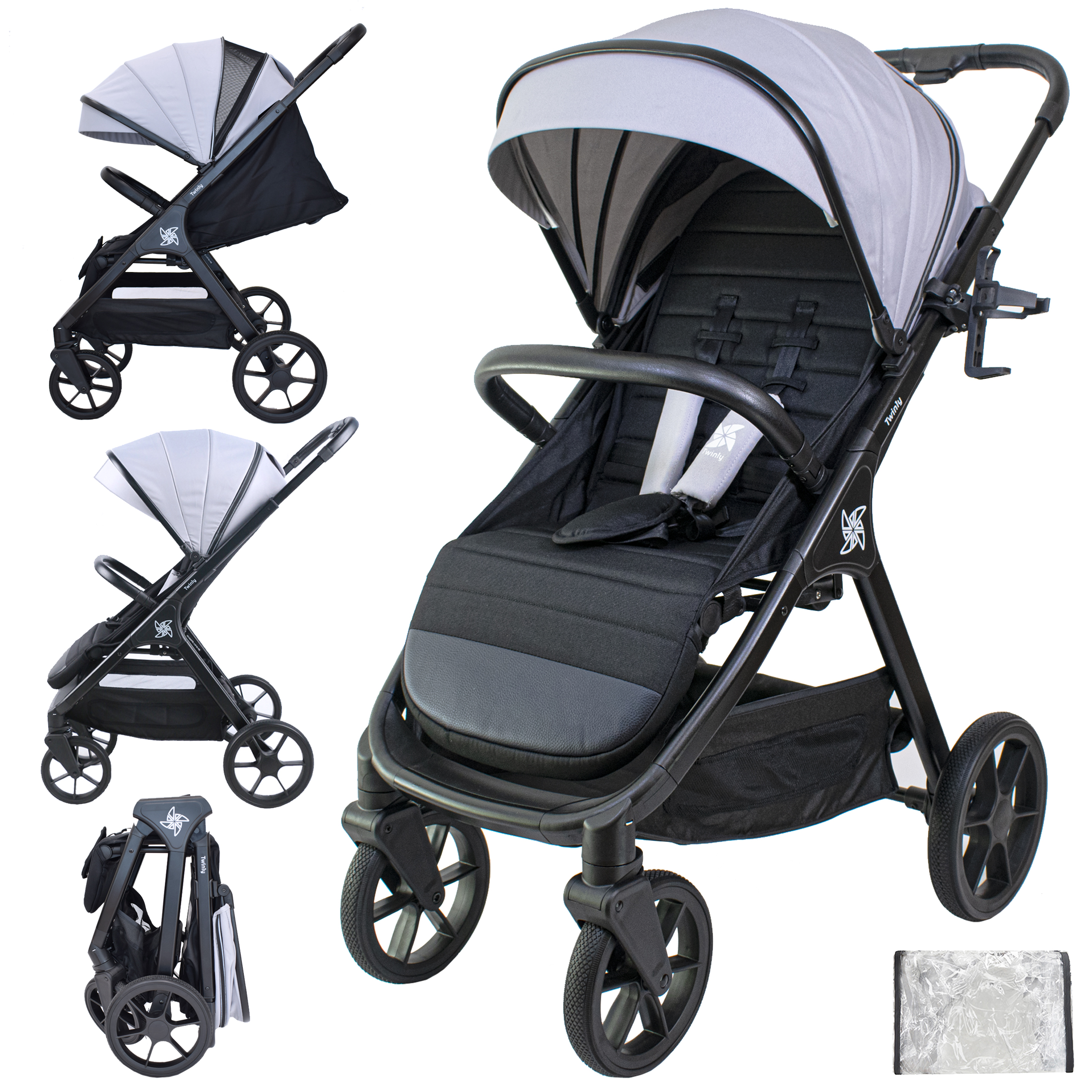 Twinly - Silla de Paseo bebé hasta 22kg plegable SPACELY, Carrito ligero bebe Grande y Cómodo, Plegado fácil una mano, Capota XXL UPF 50 incluye plástico de lluvia, cochecito reclinable