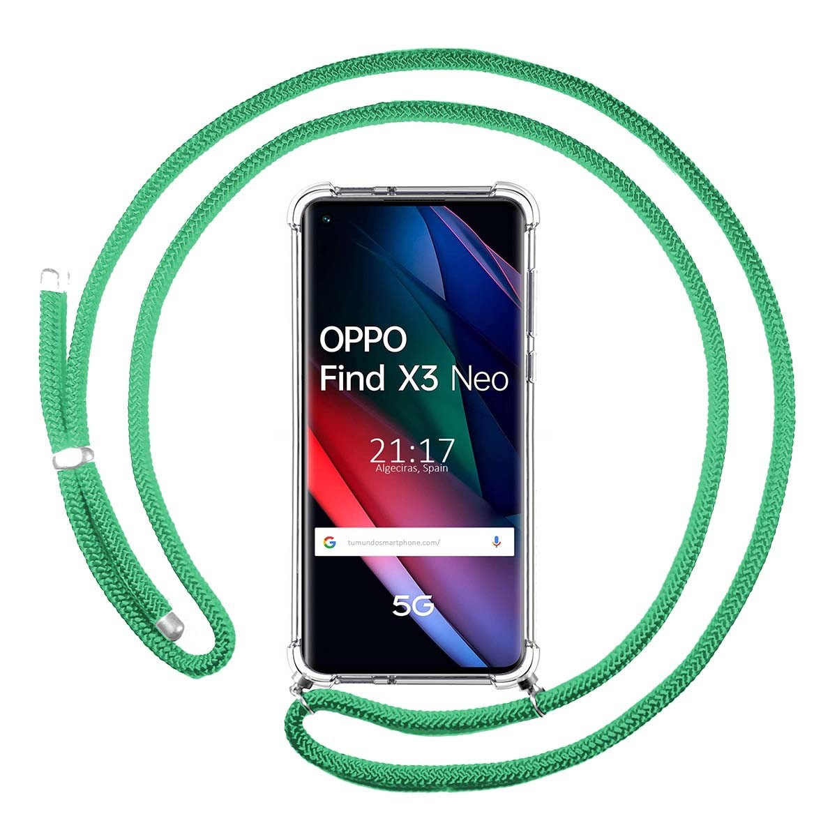 Tumundosmartphone Funda Colgante Transparente para Oppo Find X3 Neo 5G con Cordon Verde Agua
