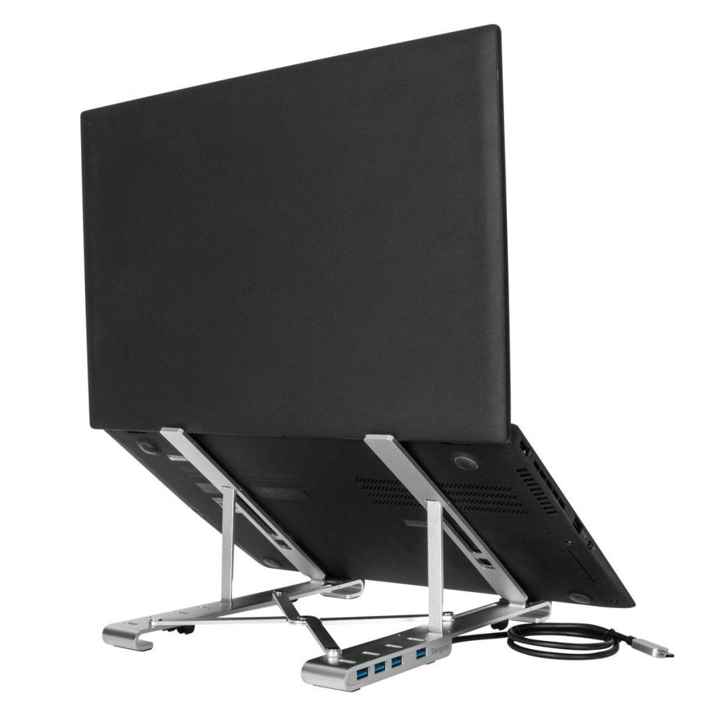 Targus - Soporte para portátil AWU100205GL con hub USB-A 4 puertos, diseño plegable en plata, compatible con pantalla de 10 a 15,6 pulgadas, carga hasta 100 W por USB Power Delivery