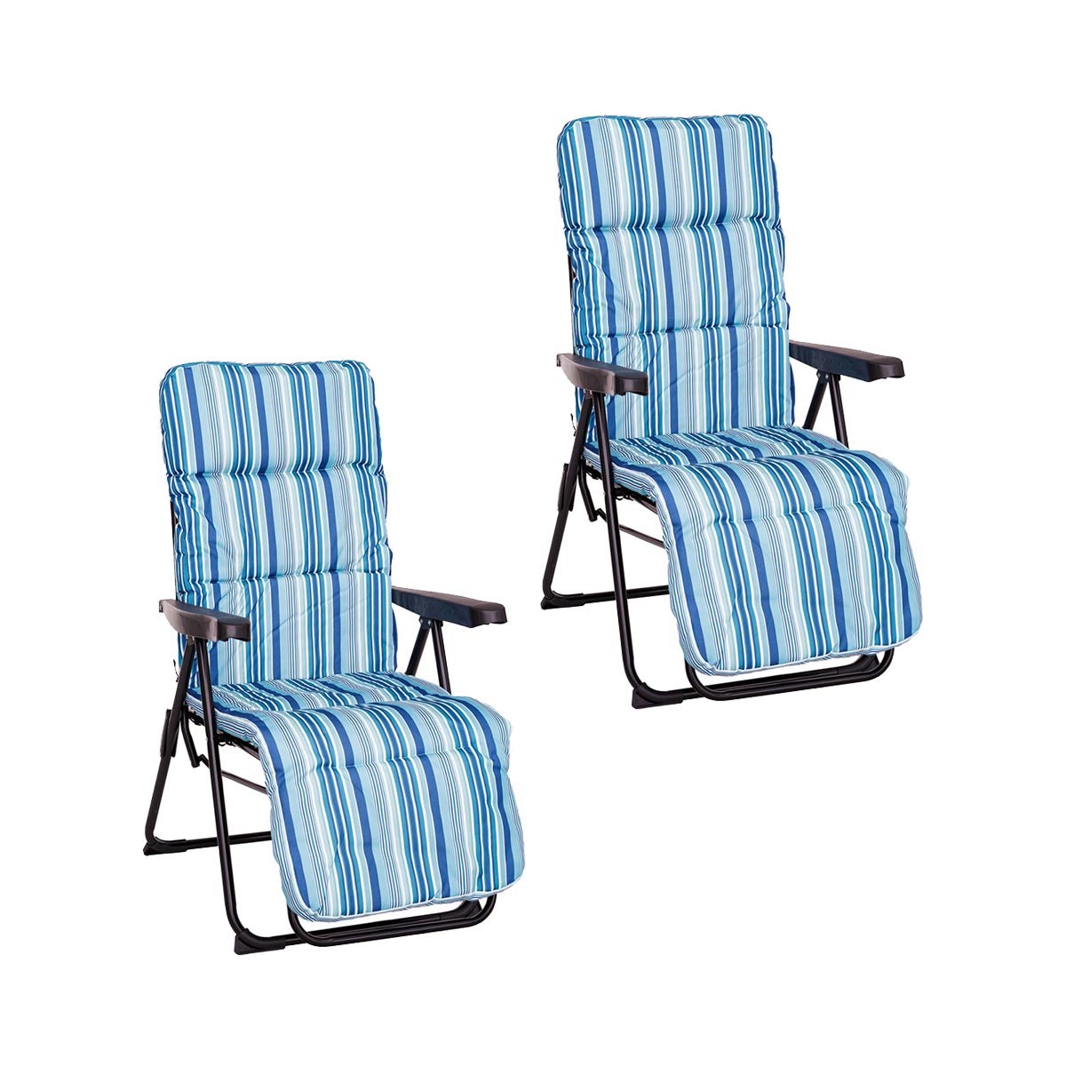 Lola Home Pack de 2 sillones de playa acolchados de 4 posiciones con reposapiés de acero y tela de lona Oxford de rayas azul de 61x58x106 cm