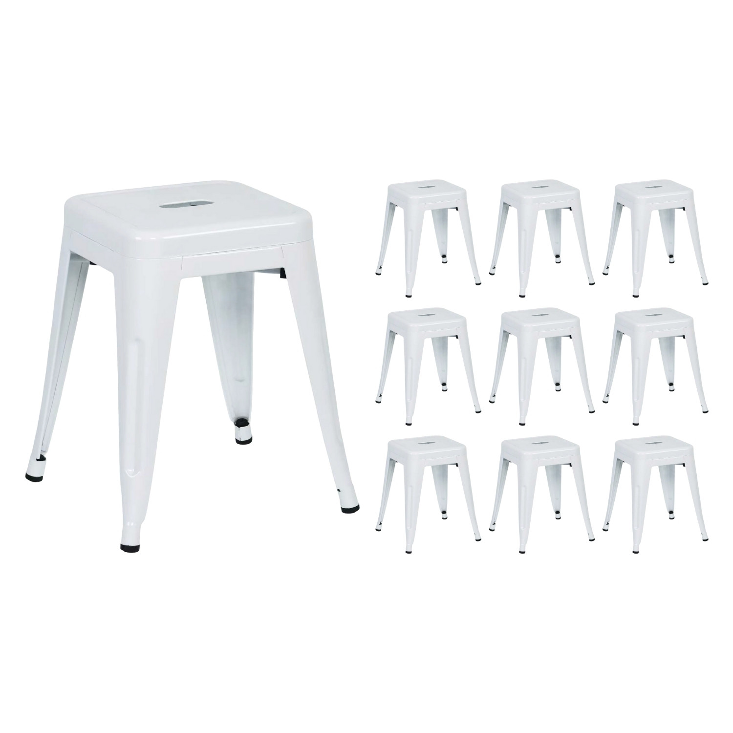 Pack 10 Taburetes Bajos Industriales Apilables de Acero 38x38x46cm Thinia Home