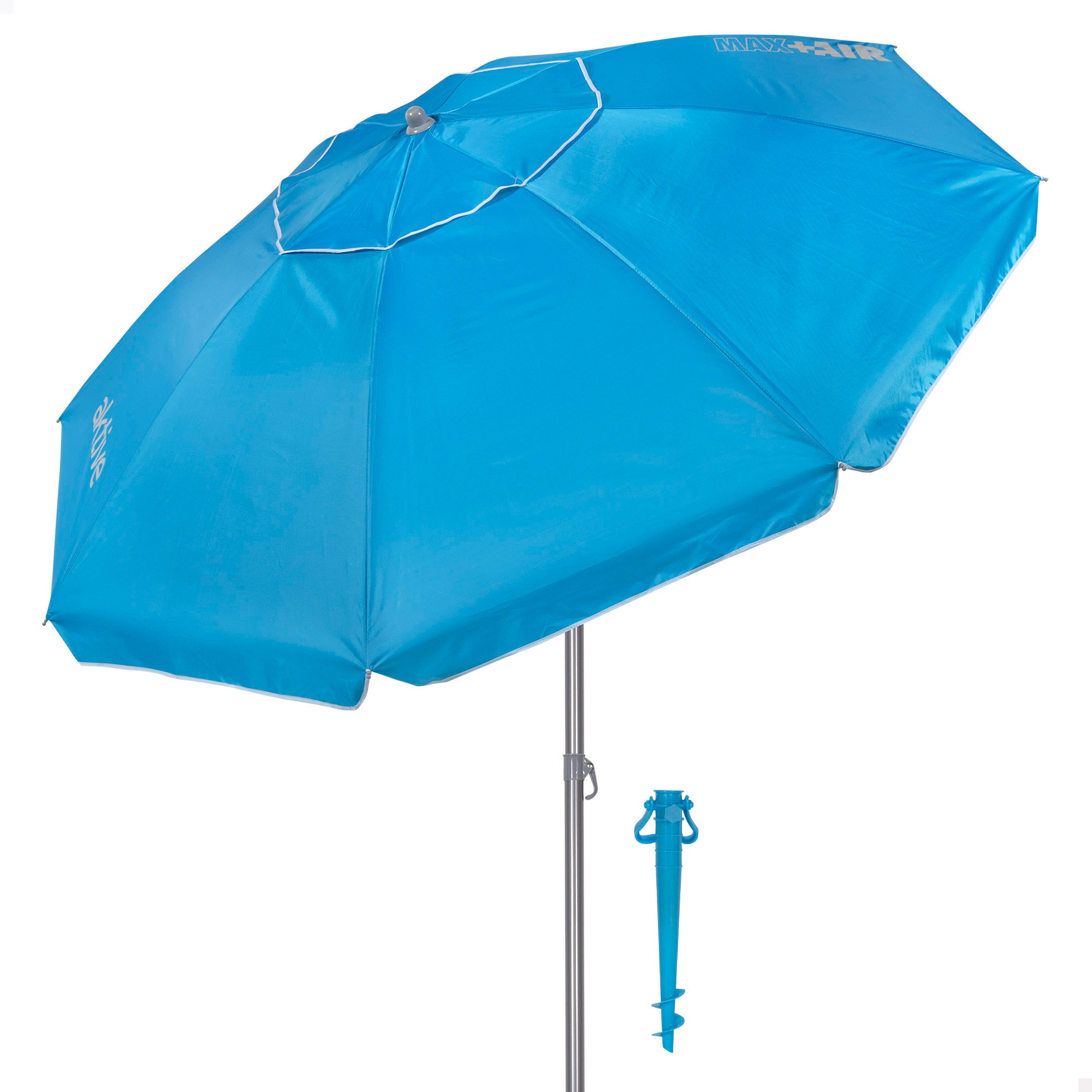 Aktive - Sombrilla de playa, color azul, protección UV50, incluye soporte, 8 varillas fibra de vidrio, ventilación superior, estructura acero plegable, tejido Oxford, revestimiento plateado, con base para sombrilla, mástil inclinable