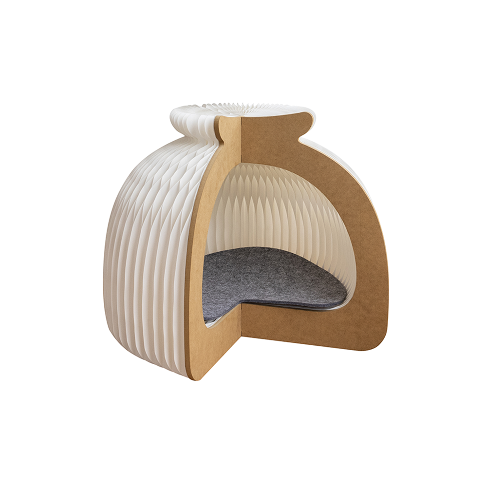 Cama Plegable para Gatos Génova | Cueva de Diseño en Papel Kraft y Madera | Estructura Acordeón Estable, Ligera y Fácil de Guardar | Refugio Interior 49 cm | Althea Living
